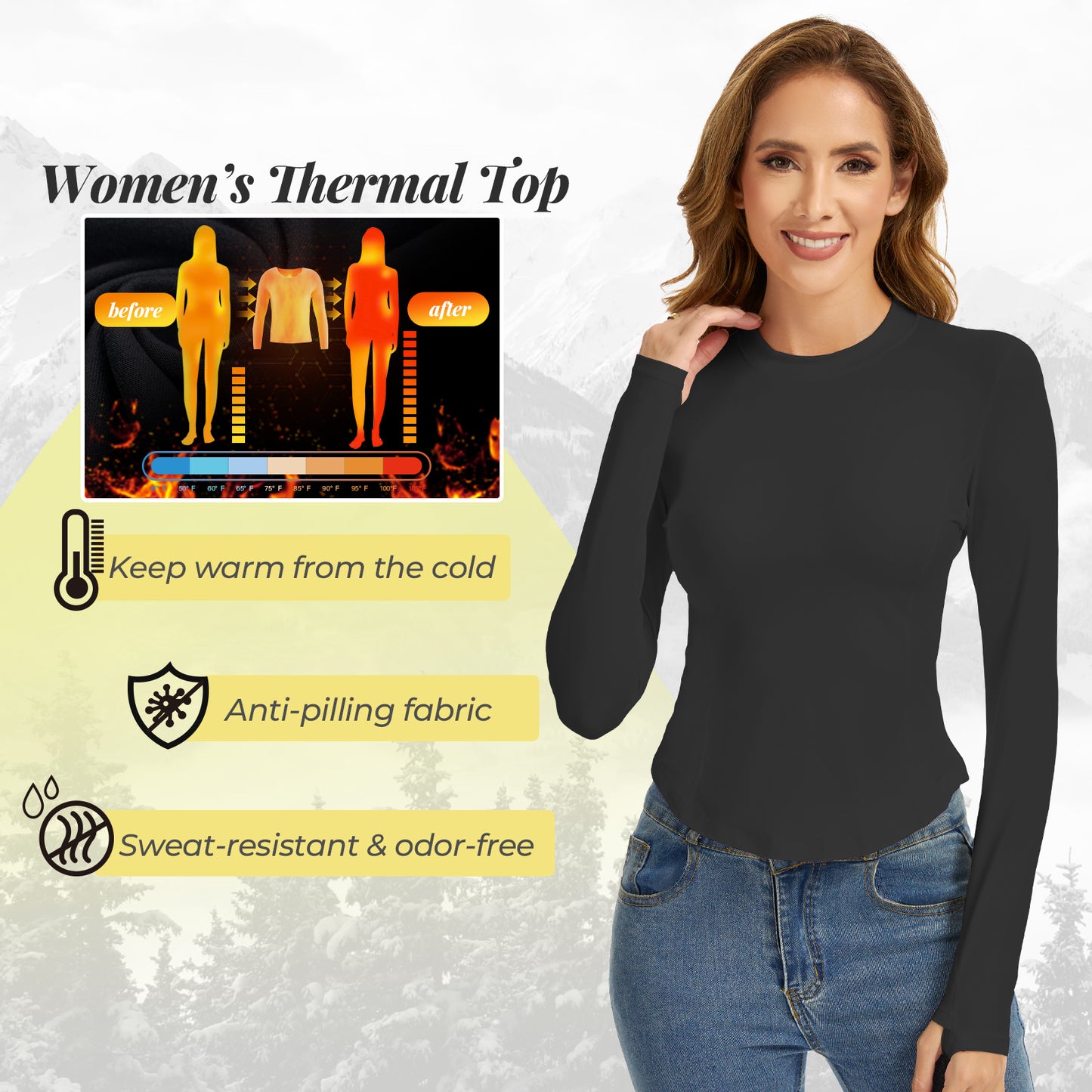 Women Thermal Underwear Shirts, Long Sleeve Thermal Tops Winter Warm Fleece Lined Base Layer for Skiing Running