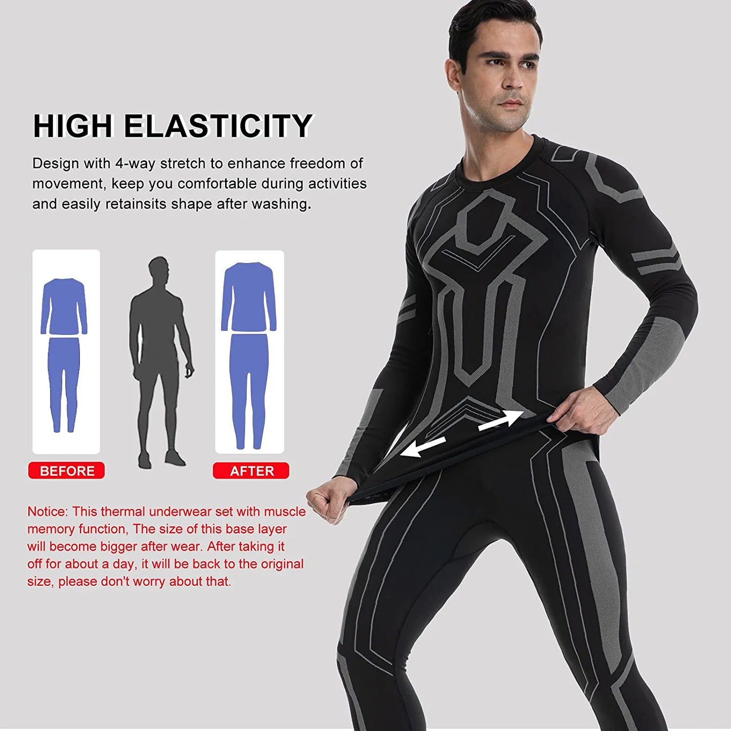 Men's Thermal Underwear Set, Winter Base Layer Sport Long Johns Top & Bottom Suit Compression Cold Weather Gear for Skiing