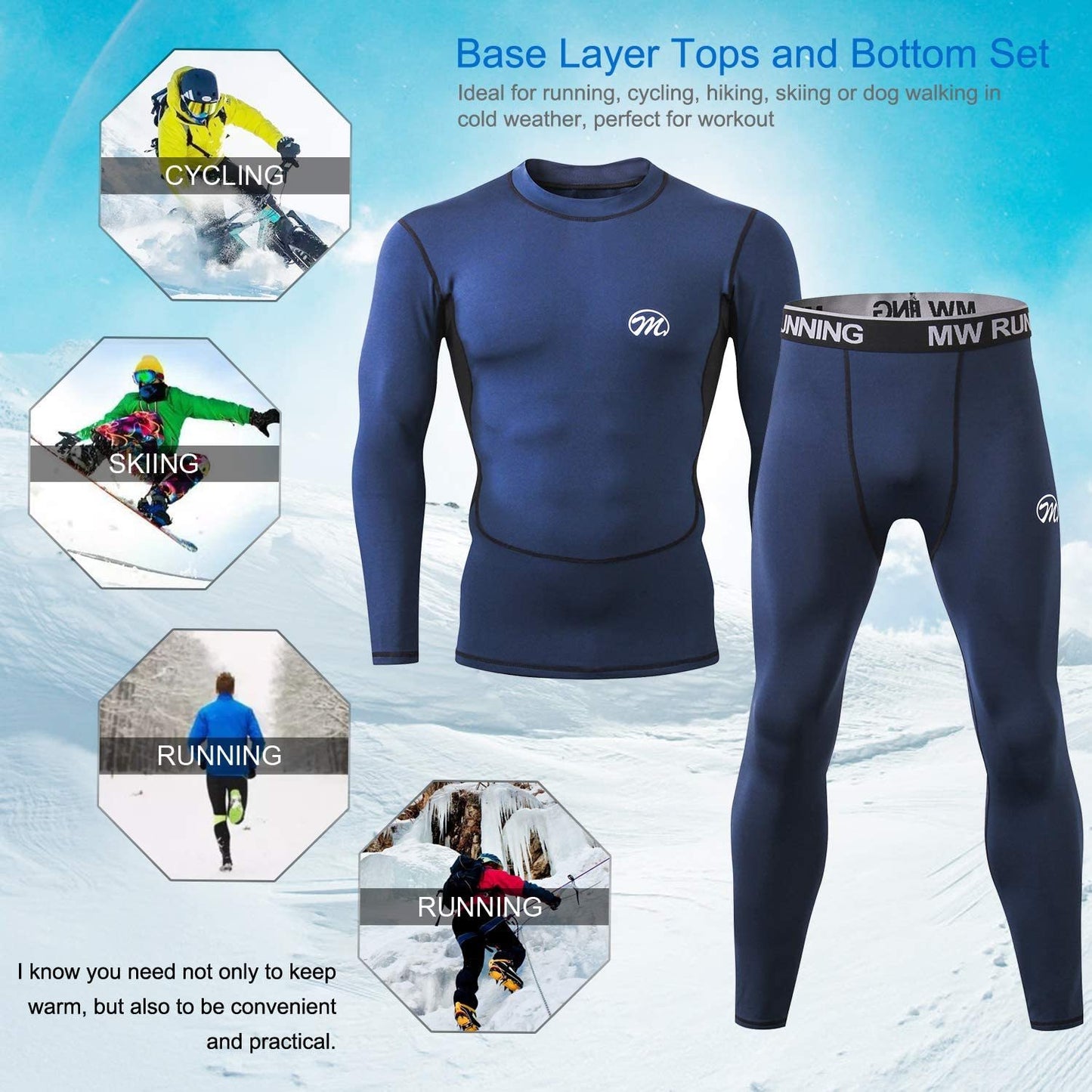 Men’s Thermal Underwear Set, Compression Base Layer Sports Long Johns Fleece Lined Winter Gear Running Skiing