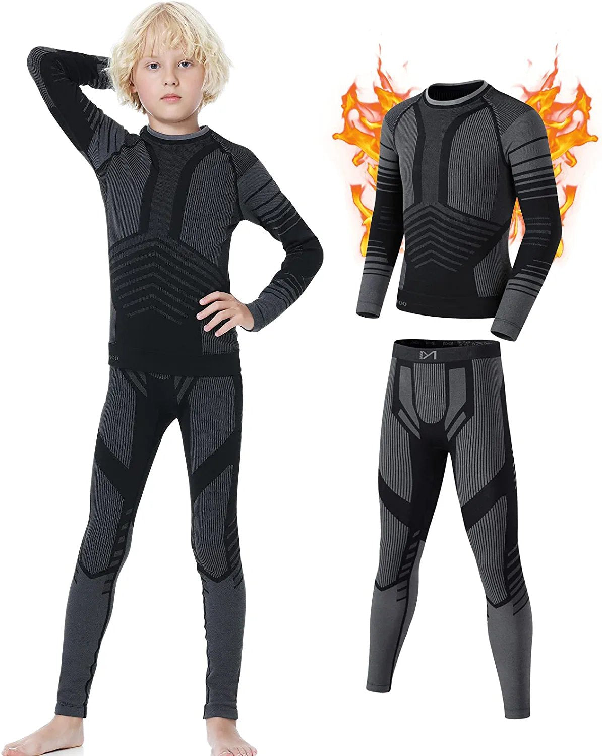 Thermal Underwear Set for Kids, Seamless Long Johns for Boys, Ski Base Layer Leggings & Shirt for Child