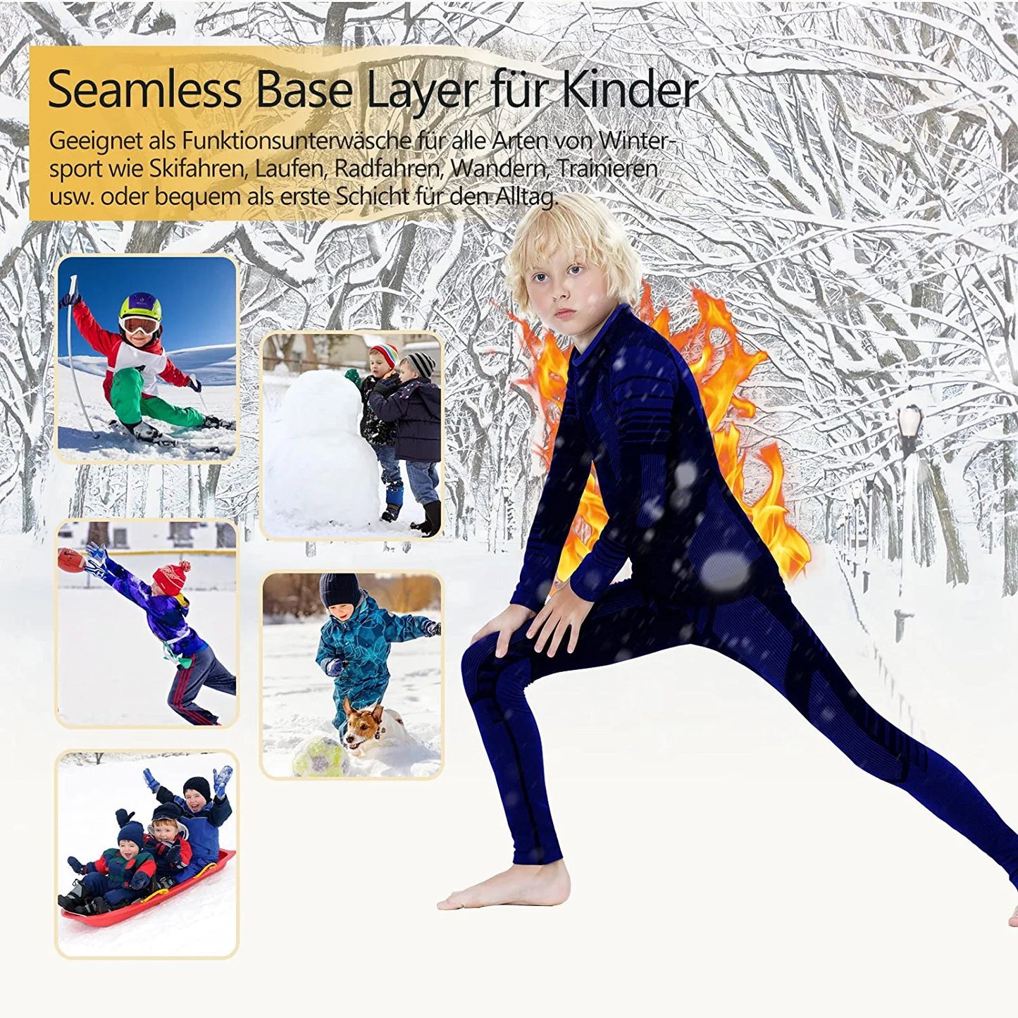 Thermal Underwear Set for Kids, Seamless Long Johns for Boys, Ski Base Layer Leggings & Shirt for Child