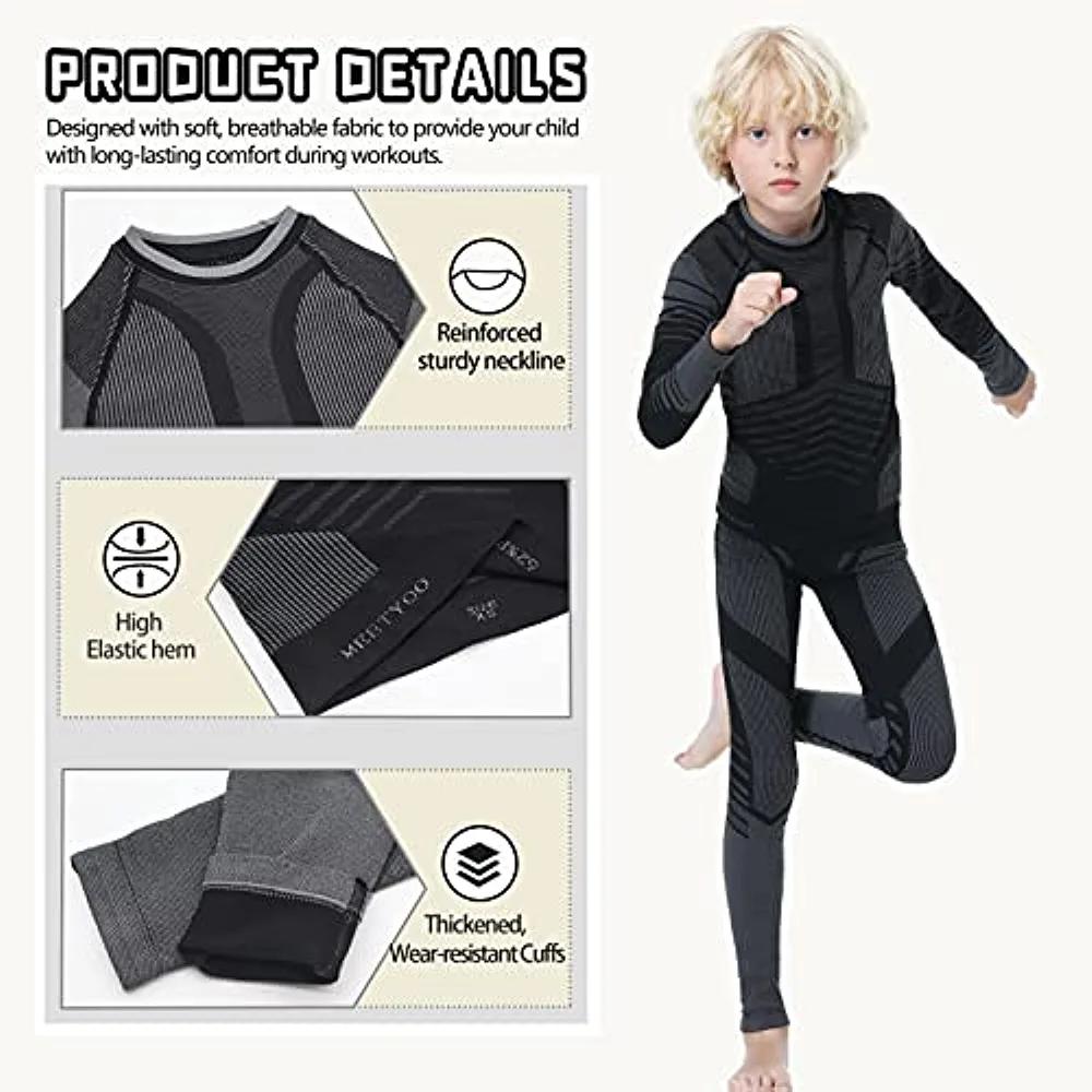 Thermal Underwear Set for Kids, Seamless Long Johns for Boys, Ski Base Layer Leggings & Shirt for Child