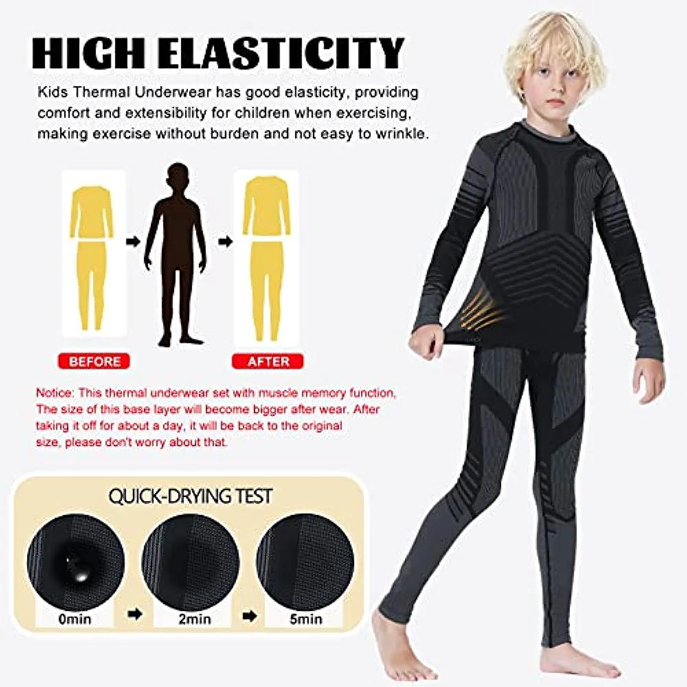 Thermal Underwear Set for Kids, Seamless Long Johns for Boys, Ski Base Layer Leggings & Shirt for Child