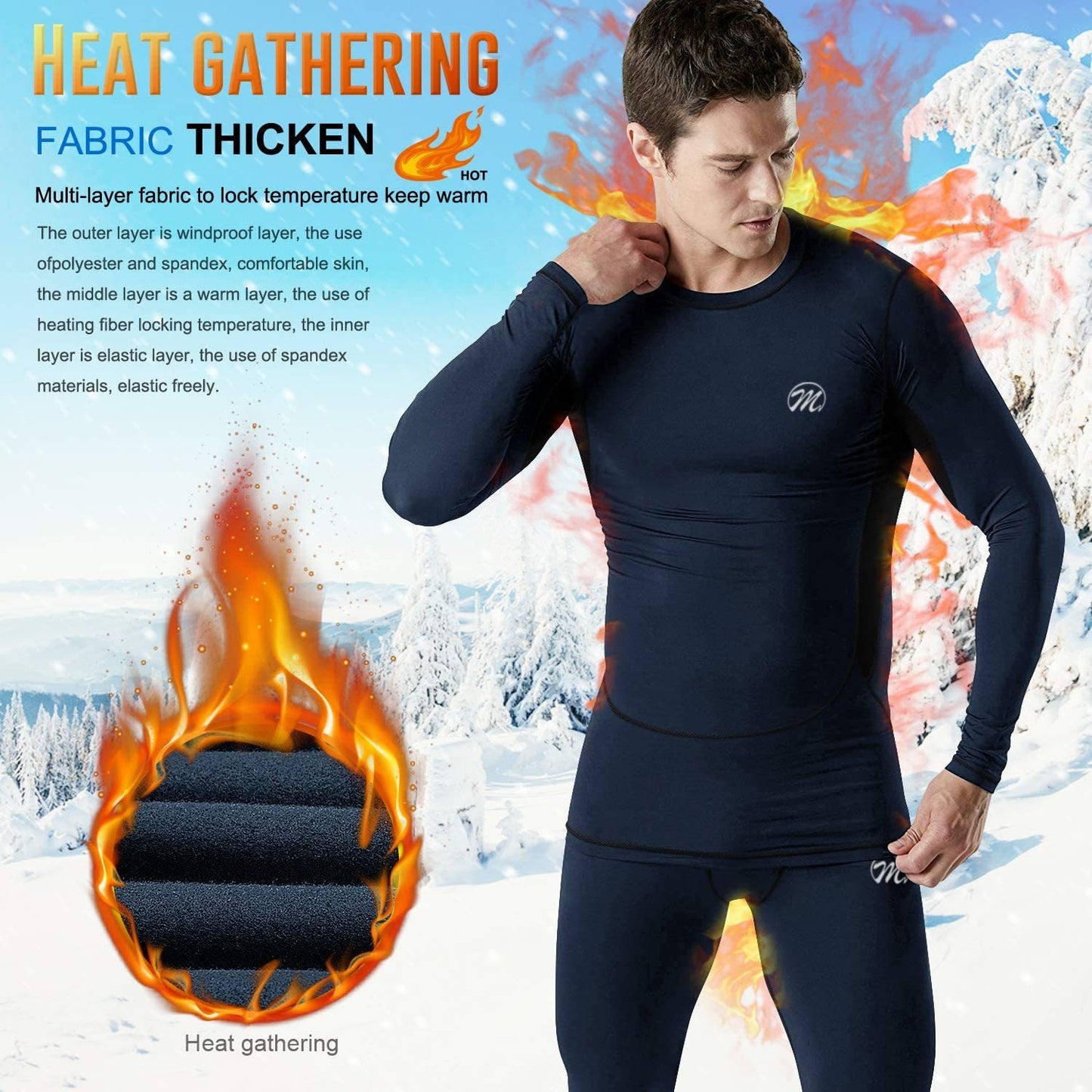 Men’s Thermal Underwear Set, Compression Base Layer Sports Long Johns Fleece Lined Winter Gear Running Skiing