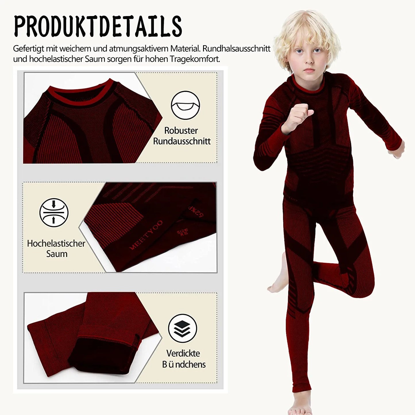 Thermal Underwear Set for Kids, Seamless Long Johns for Boys, Ski Base Layer Leggings & Shirt for Child