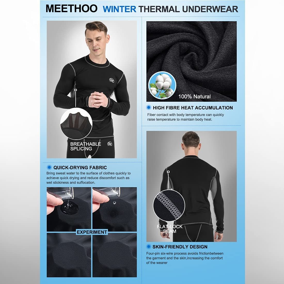 Men’s Thermal Underwear Set, Compression Base Layer Sports Long Johns Fleece Lined Winter Gear Running Skiing