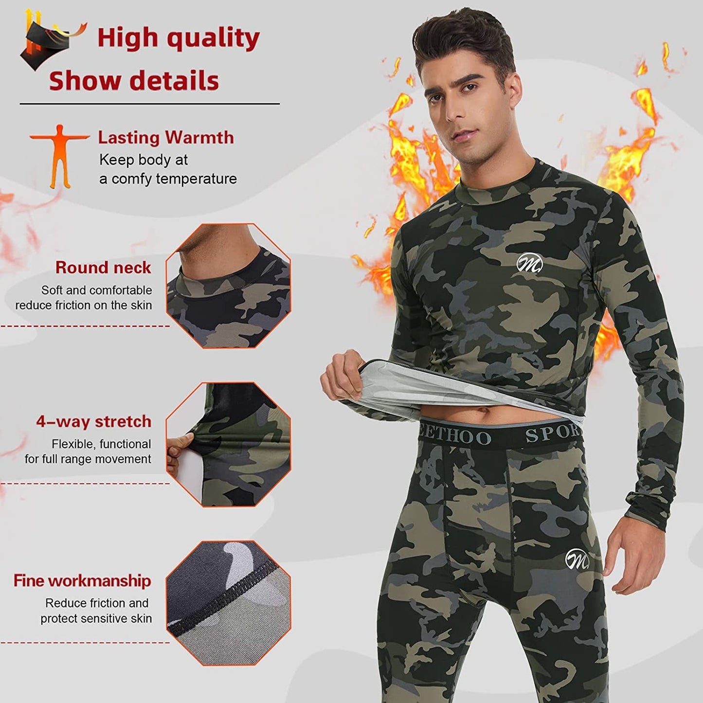 Men’s Thermal Underwear Set, Compression Base Layer Sports Long Johns Fleece Lined Winter Gear Running Skiing