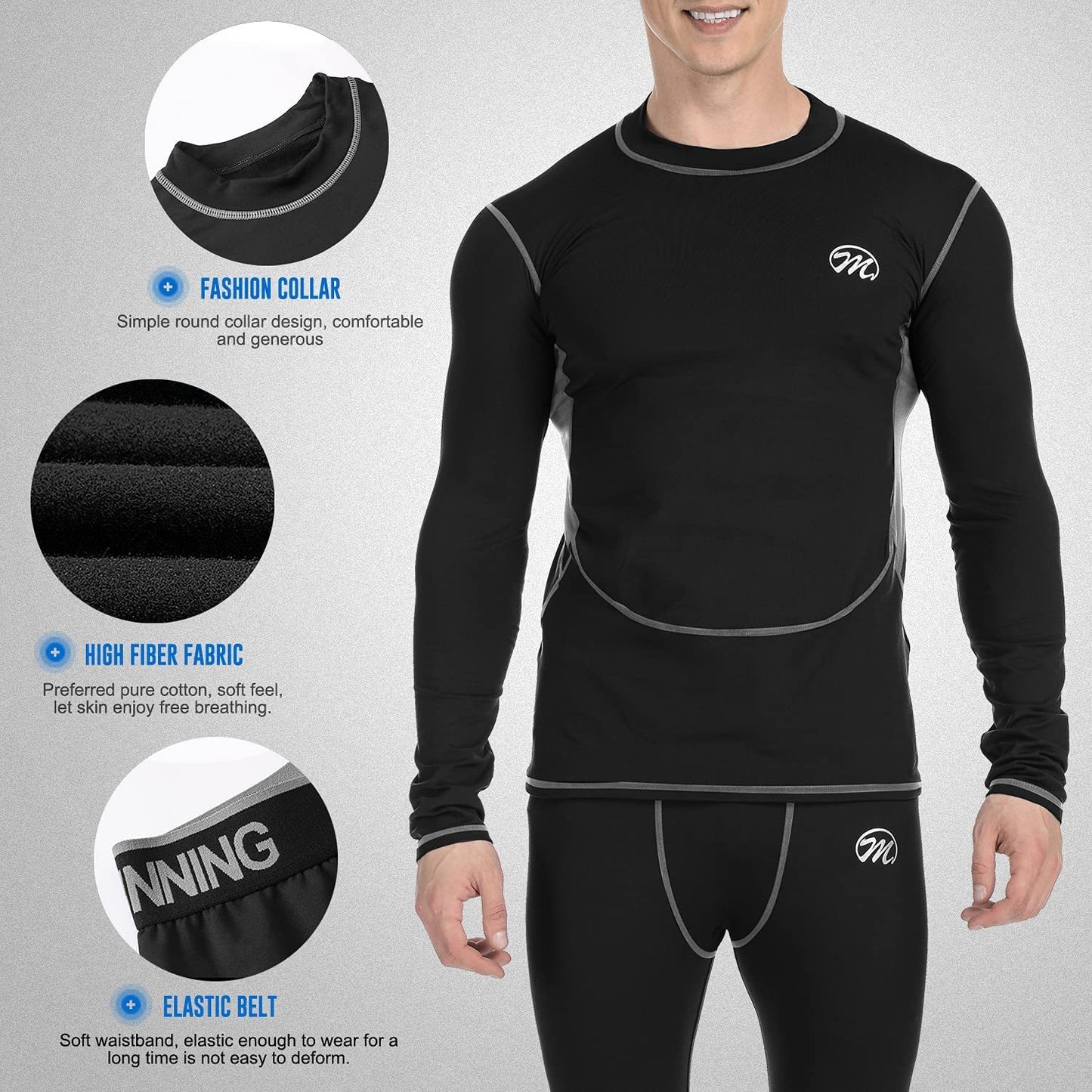 Men’s Thermal Underwear Set, Compression Base Layer Sports Long Johns Fleece Lined Winter Gear Running Skiing