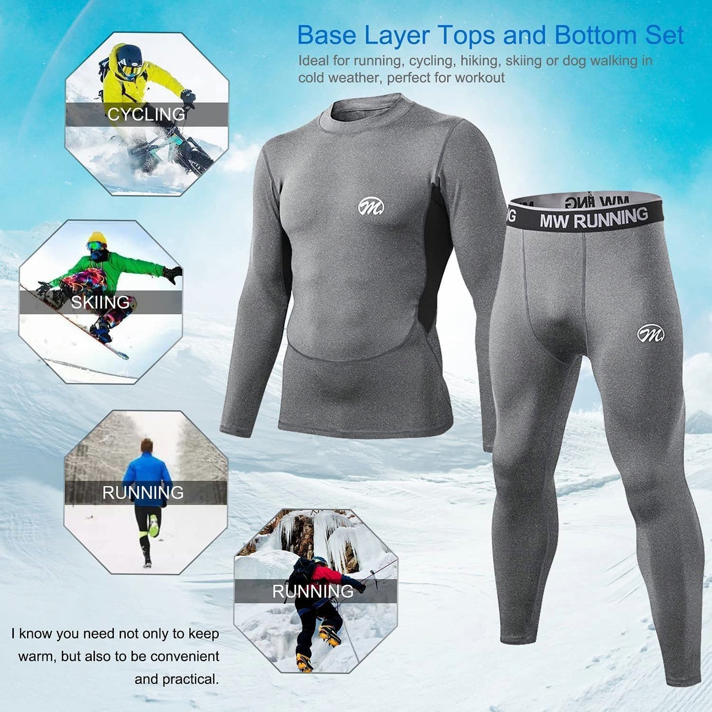 Men’s Thermal Underwear Set, Compression Base Layer Sports Long Johns Fleece Lined Winter Gear Running Skiing