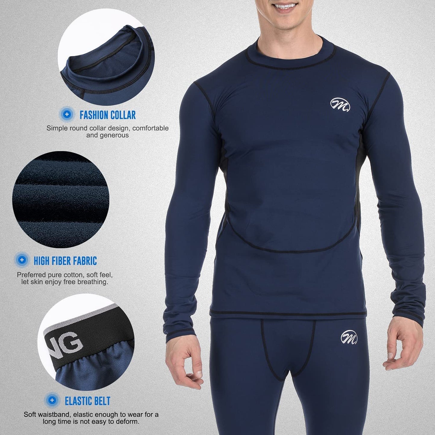 Men’s Thermal Underwear Set, Compression Base Layer Sports Long Johns Fleece Lined Winter Gear Running Skiing