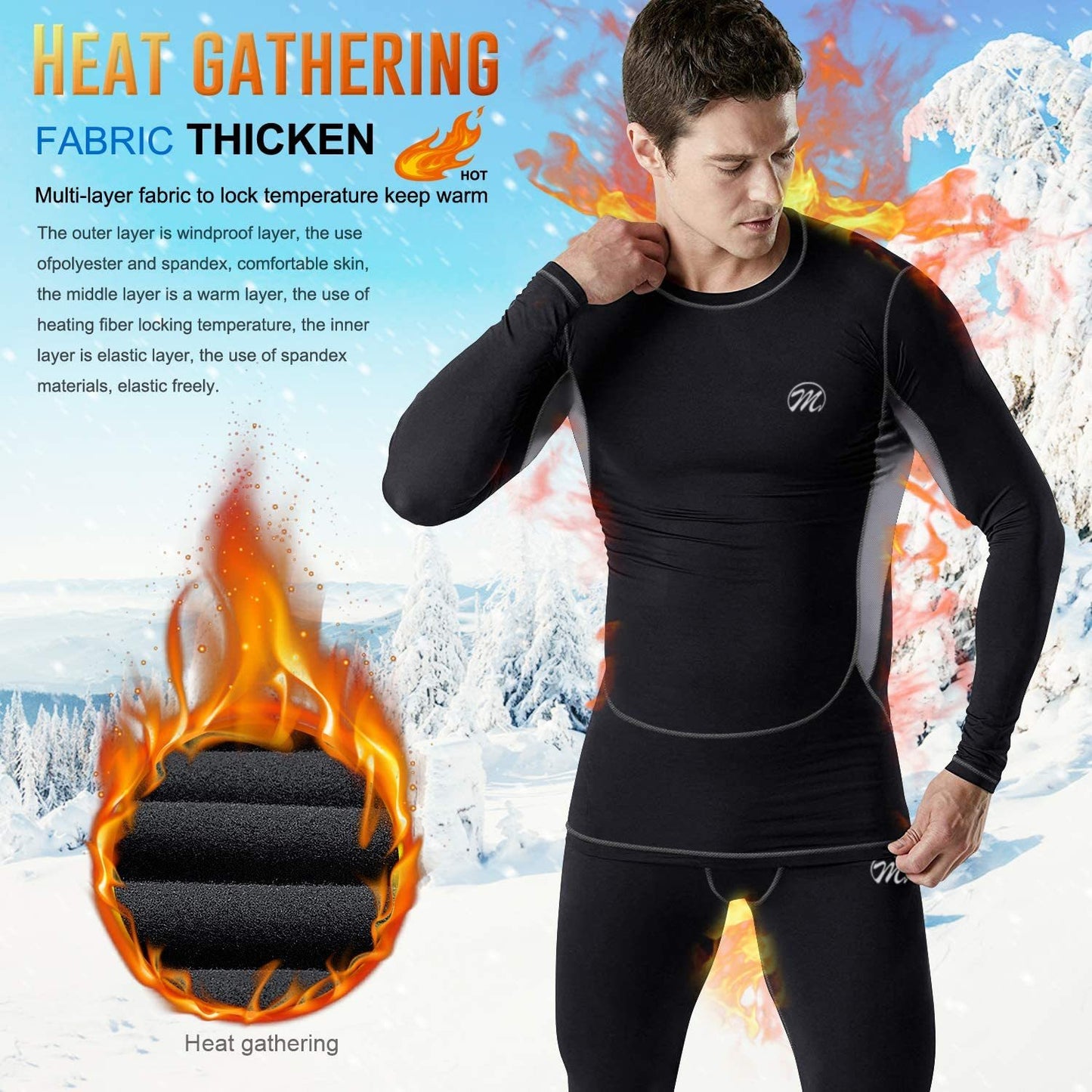 Men’s Thermal Underwear Set, Compression Base Layer Sports Long Johns Fleece Lined Winter Gear Running Skiing