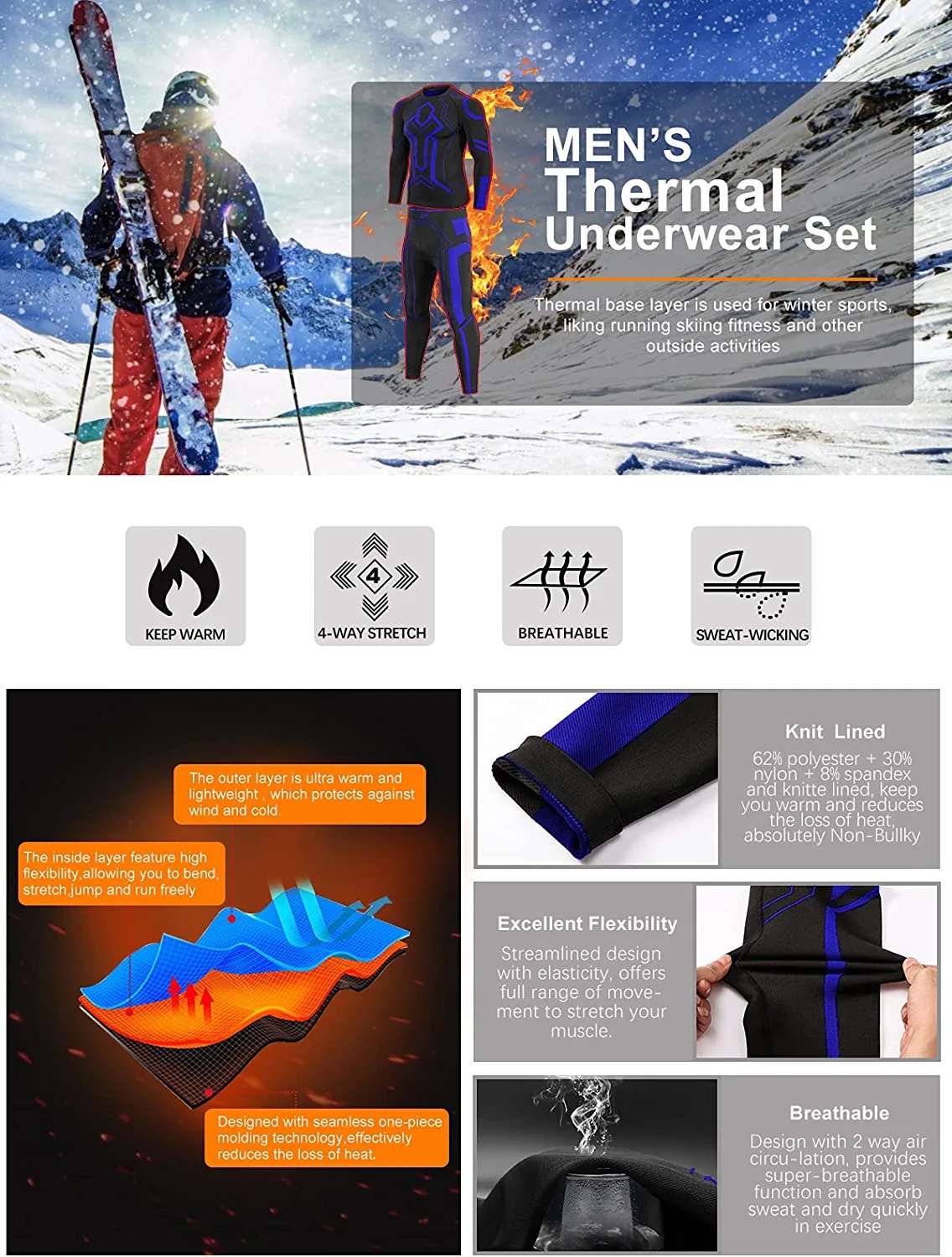 Men's Thermal Underwear Set, Winter Base Layer Sport Long Johns Top & Bottom Suit Compression Cold Weather Gear for Skiing