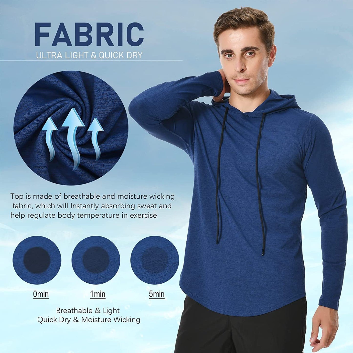 Long Sleeve Workout Hoodie Shirts for Men, Lightweight Athletic Running Hooded T-Shirt Gym Fishing Sweatshirts