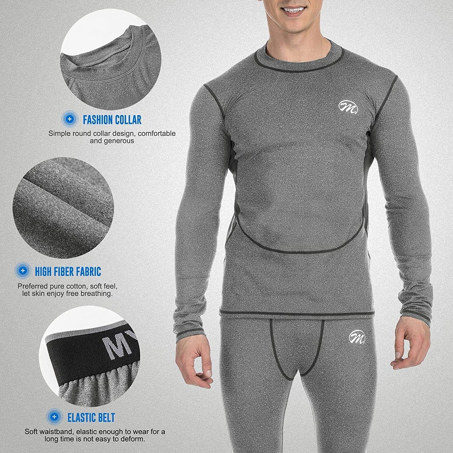 Men’s Thermal Underwear Set, Compression Base Layer Sports Long Johns Fleece Lined Winter Gear Running Skiing