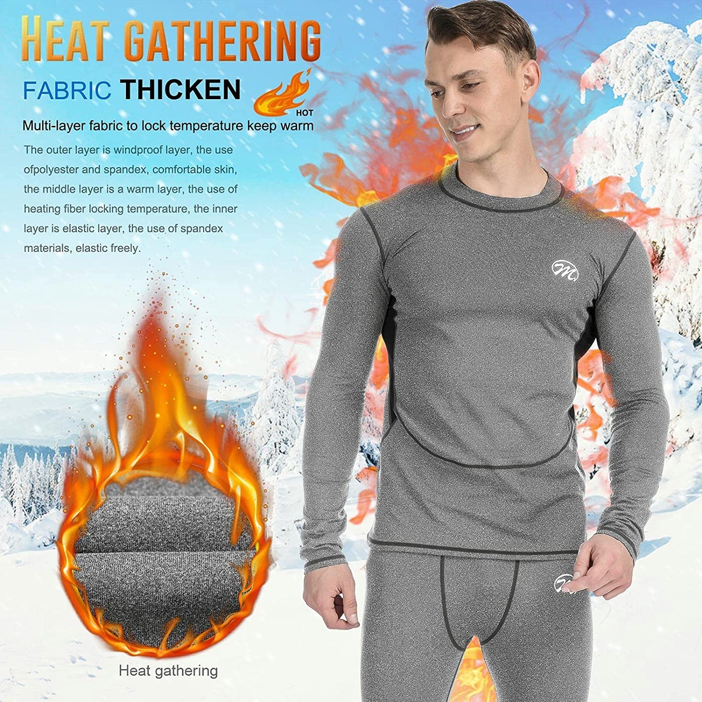 Men’s Thermal Underwear Set, Compression Base Layer Sports Long Johns Fleece Lined Winter Gear Running Skiing