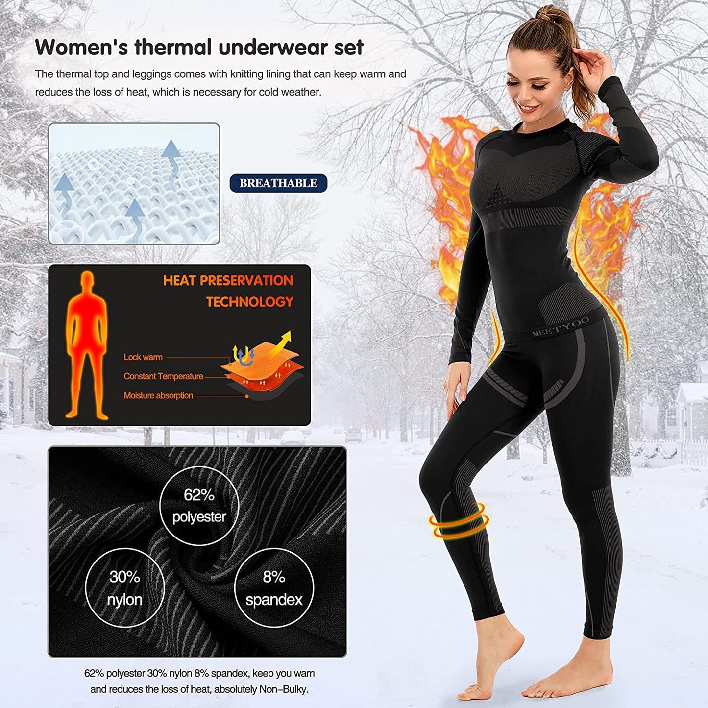 Thermal Underwear for Women, Winter Warm Long Johns Thermal Sets Cold Weather Gear Base Layer for Skiing Running