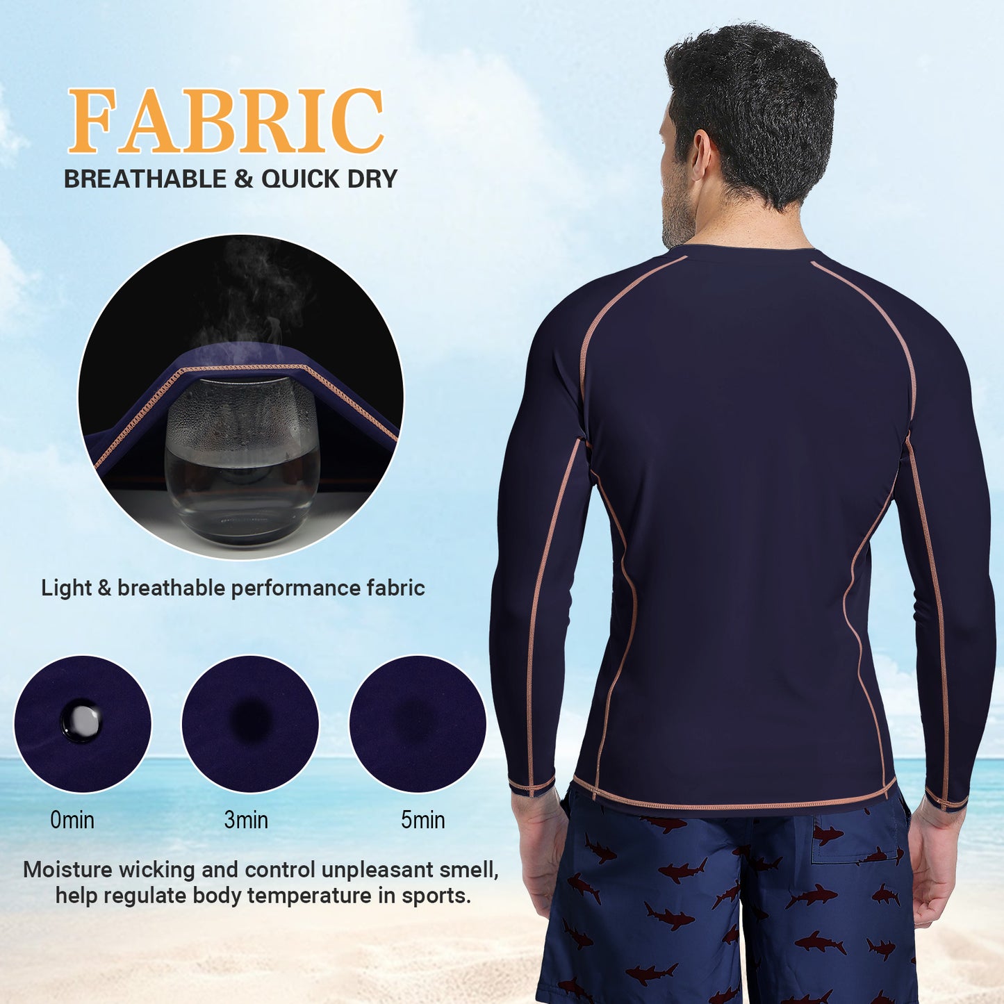Men Swim Shirts Quick Dry Lightweight Rash Guard UV UPF 50+ Sun Protection Long Sleeve Beach Shirts Fishing