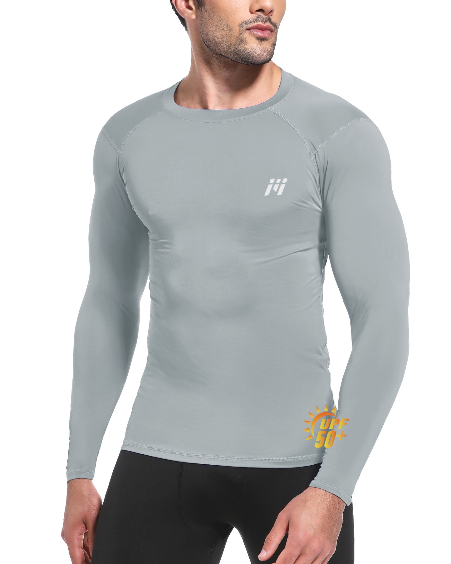 Long Sleeve Compression Shirts for Men, UPF 50+ UV Swim Shirts, Running Athletic Workout Base Layer Gray