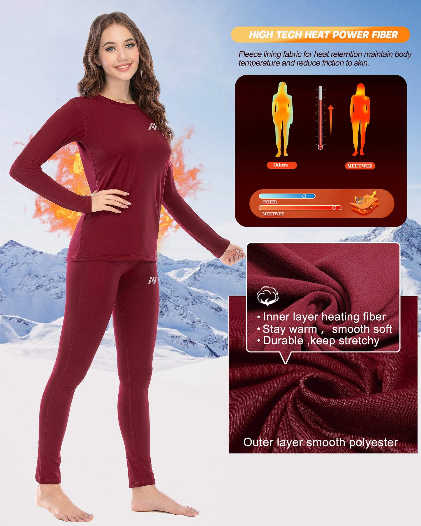 Ensemble de sous-vêtements thermiques d'hiver rouge MEETWEE