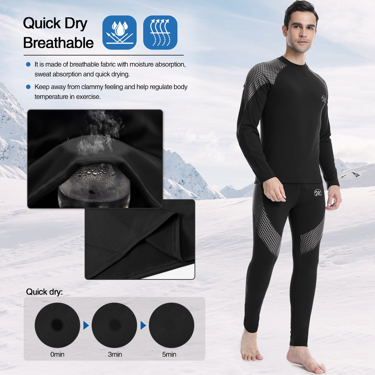 Men's Thermal Underwear Set Fleece Lined Ski Gear Top & Long Johns