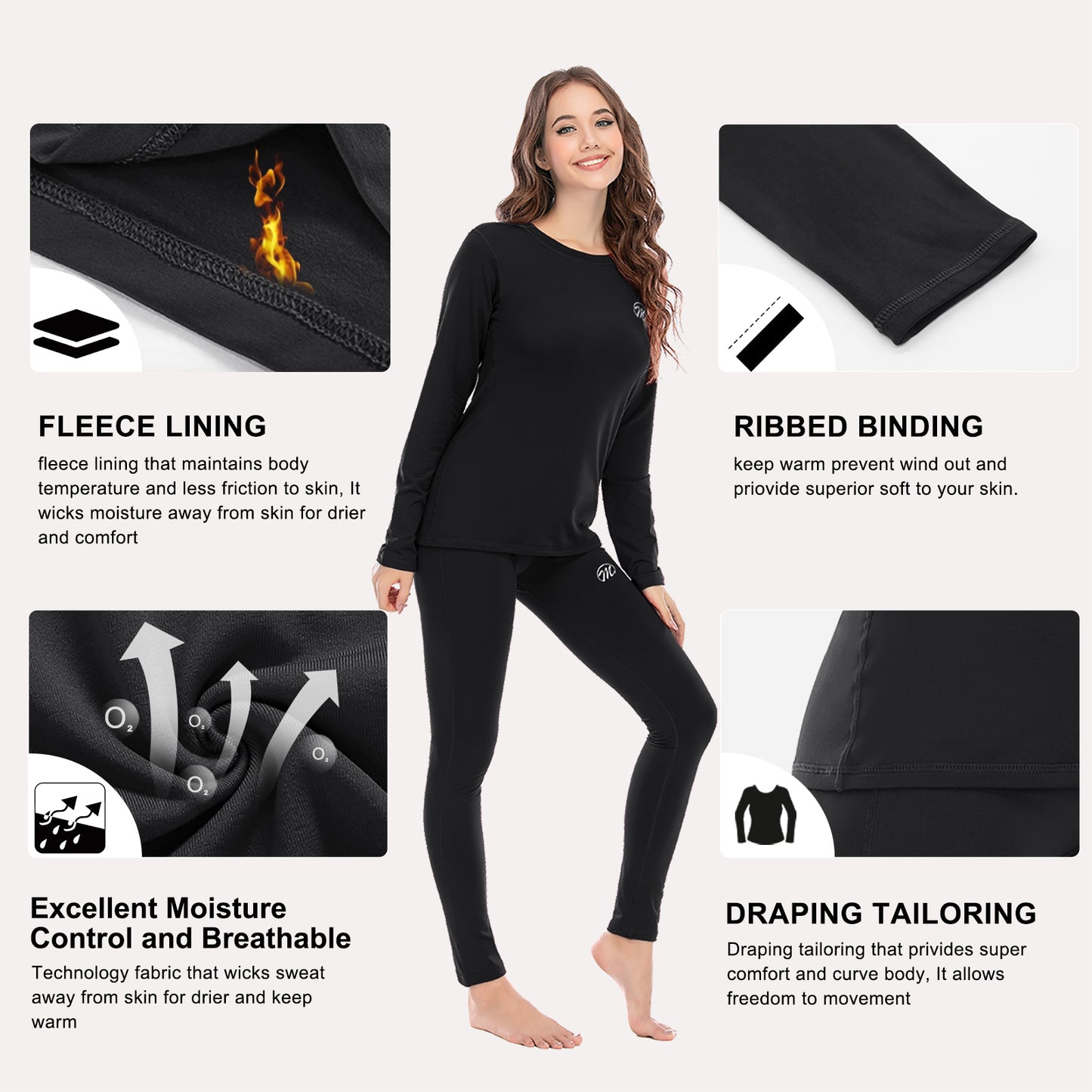 Thermal Underwear for Women Winter Base Layer Warm Top & Bottom Set