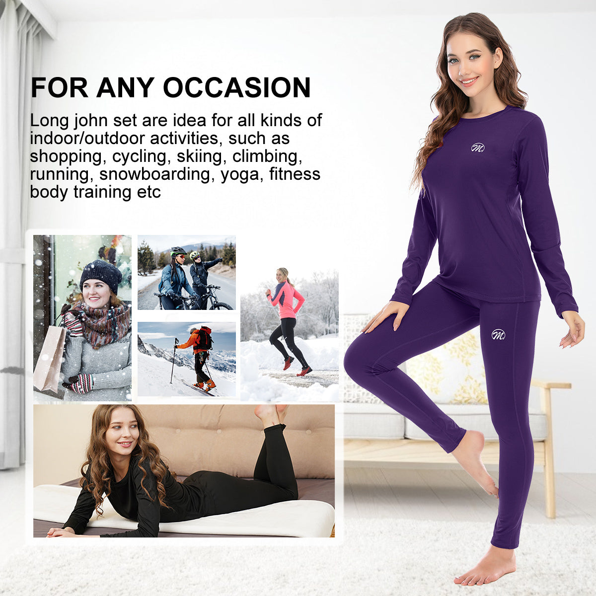 YWDJ Womens Thermal Underwear Sets Tight Round Neck Wool Thermal Underwear  Pure And Trousers Two-piece Set Purple L
