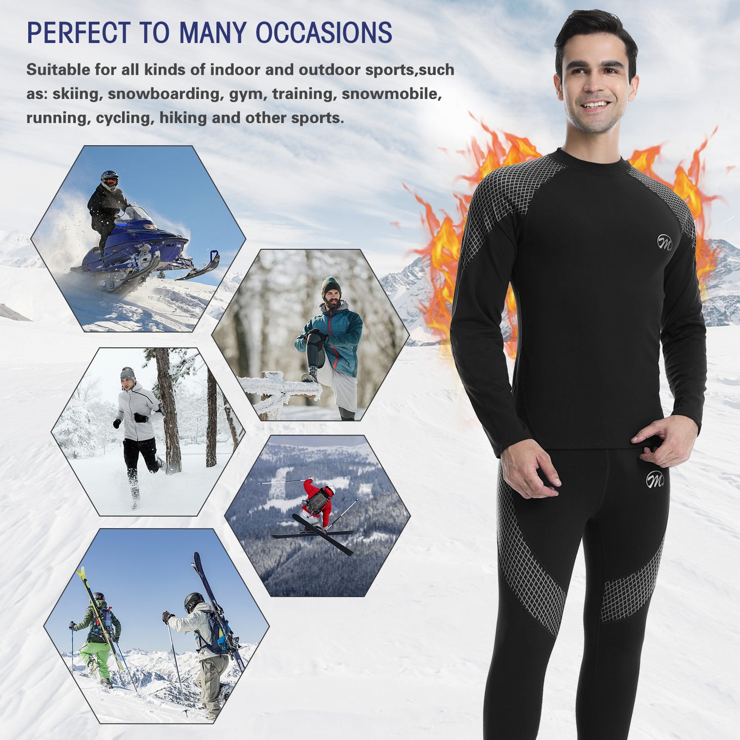 Men's Thermal Underwear Set Fleece Lined Ski Gear Top & Long Johns
