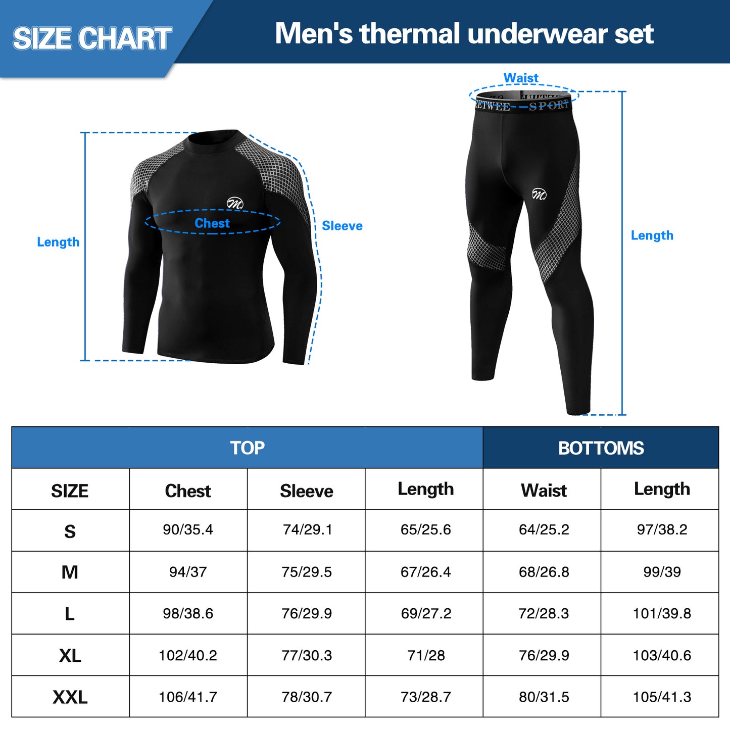 Men's Thermal Underwear Set Fleece Lined Ski Gear Top & Long Johns