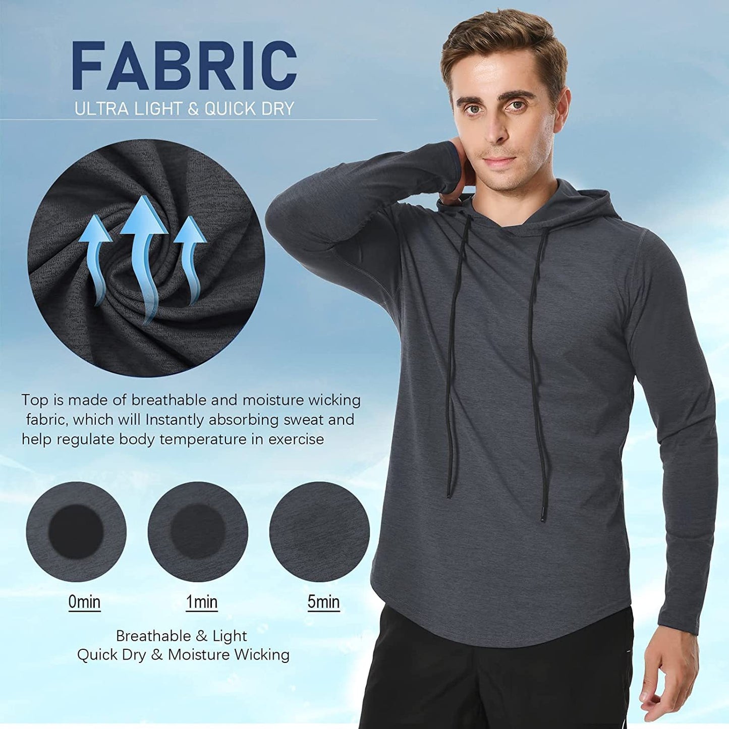 Long Sleeve Workout Hoodie Shirts for Men, Lightweight Athletic Running Hooded T-Shirt Gym Fishing Sweatshirts