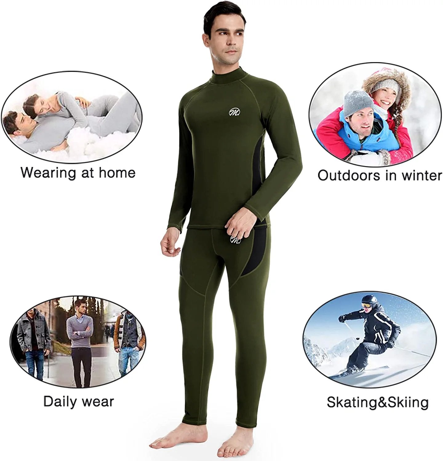 Men's Thermal Underwear Set Winter Ski Gear Fleece Lined Long Johns Base Layer Warm Top & Bottom for Skiing Running