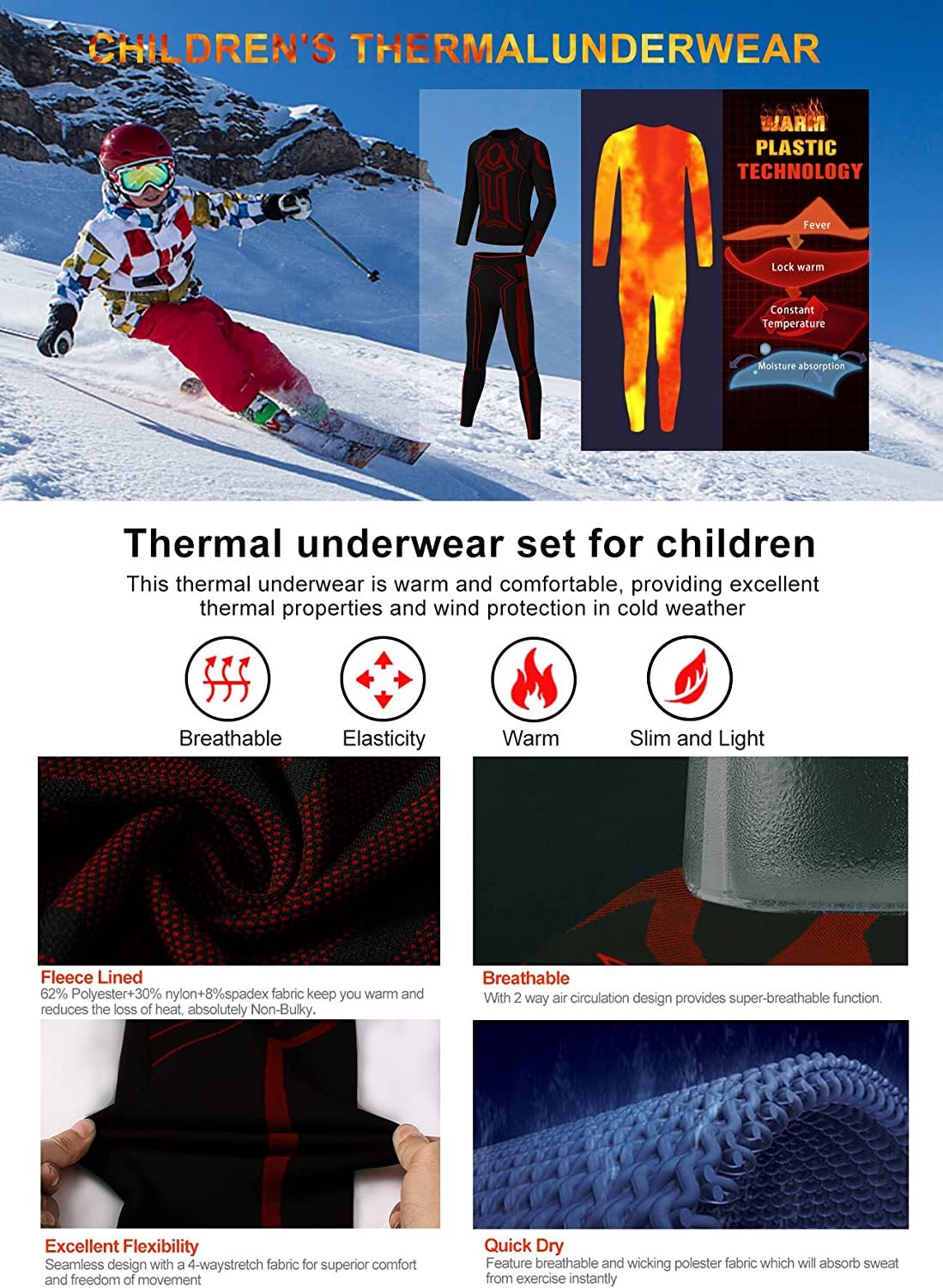 Thermal Underwear Set for Kids Fleece Lined Long Johns Base Layer