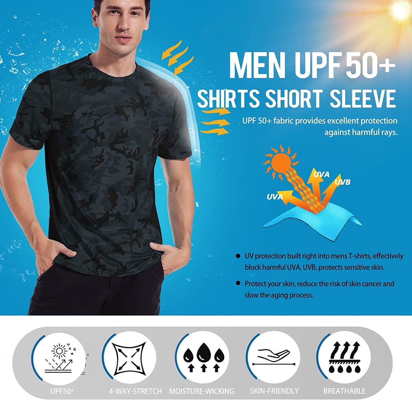 Men’s Rash Guard, Rash Vest UPF 50+ Short Sleeve T Shirt UV Sun Protection Top for Running Surfing Sports