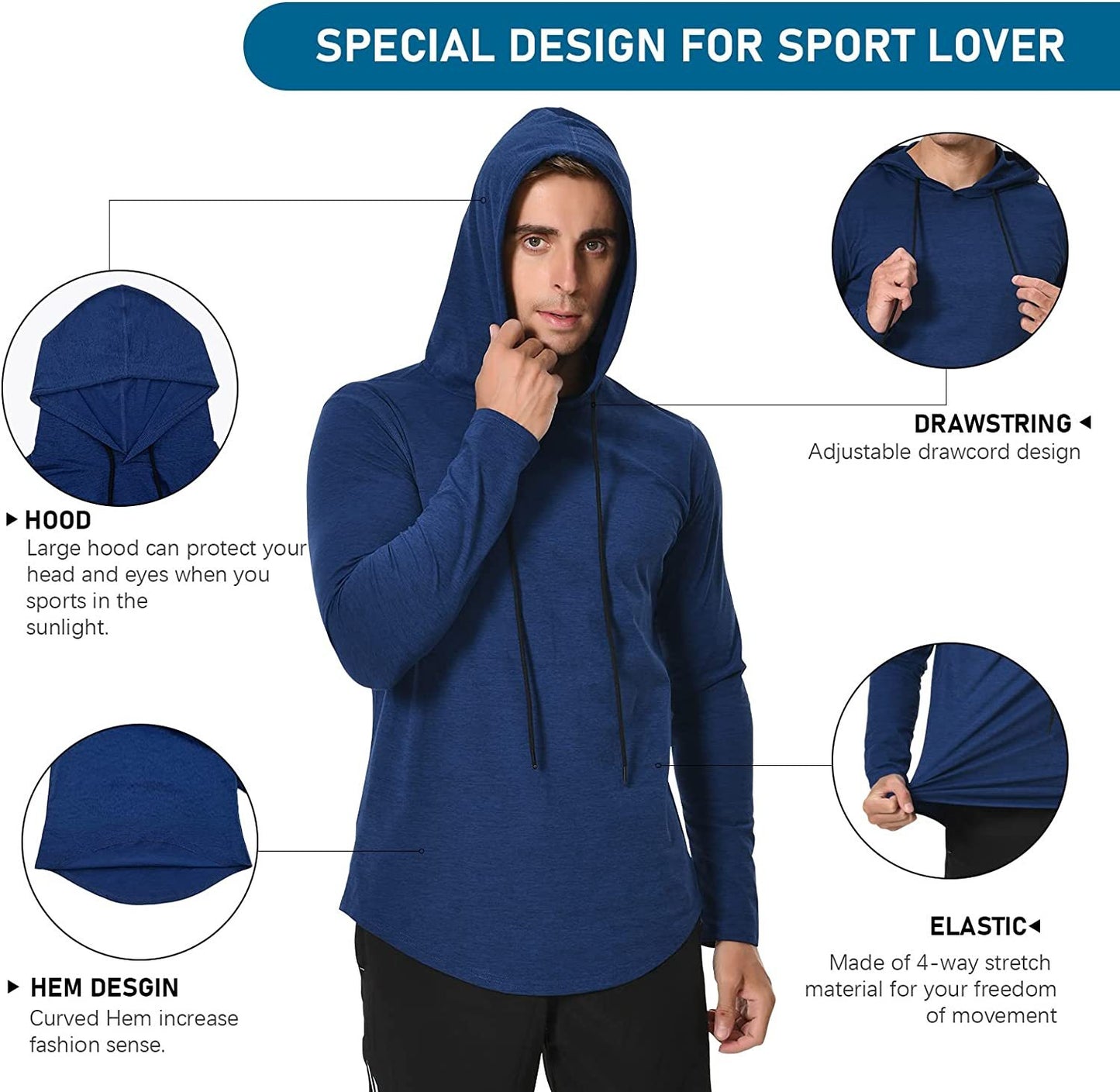 Long Sleeve Workout Hoodie Shirts for Men, Lightweight Athletic Running Hooded T-Shirt Gym Fishing Sweatshirts