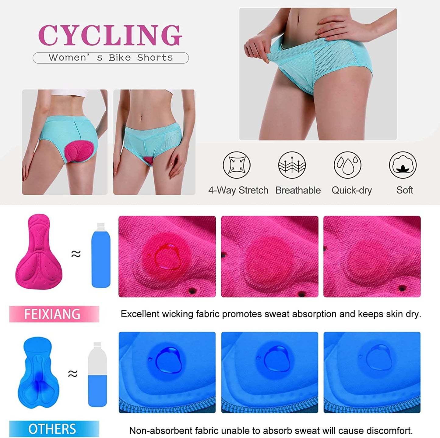 Women's Cycling Underwear, 4D Padded Gel Bike Shorts Lightweight Quick Dry Cycling Knickers