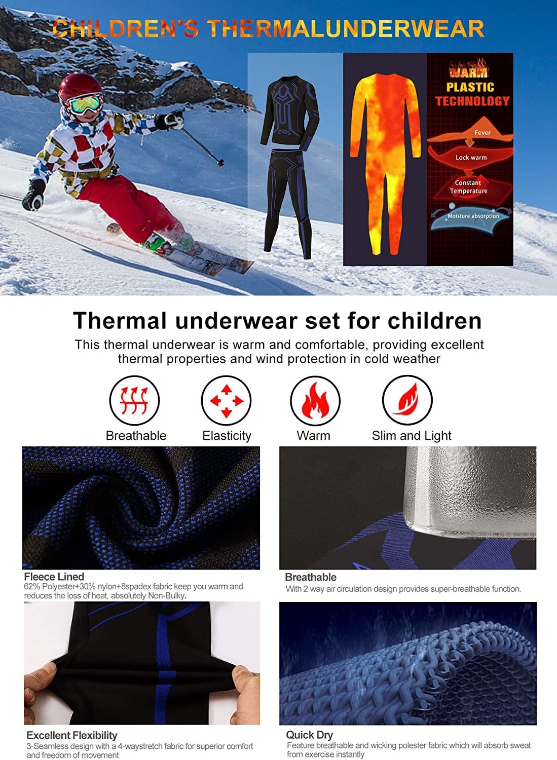 Thermal Underwear Set for Kids Fleece Lined Long Johns Base Layer