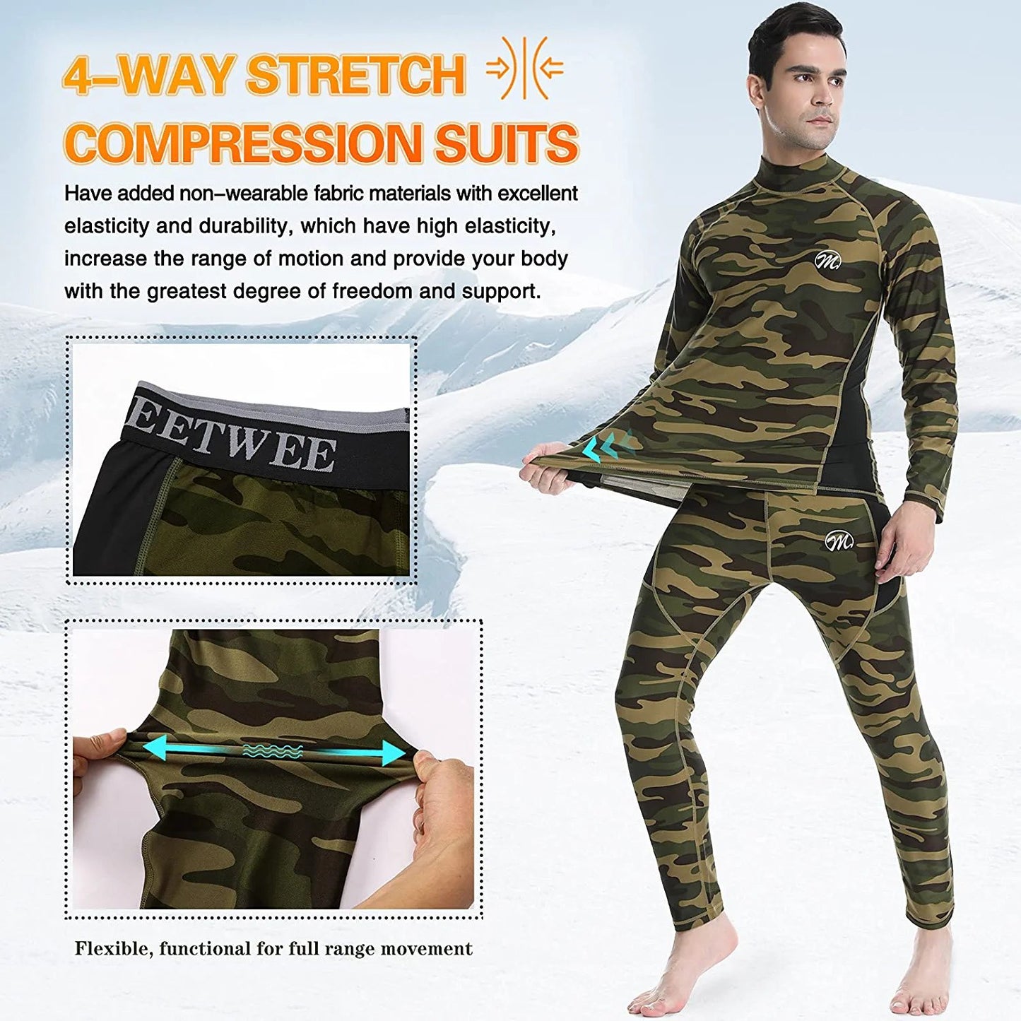 Men's Thermal Underwear Set Winter Ski Gear Fleece Lined Long Johns Base Layer Warm Top & Bottom for Skiing Running