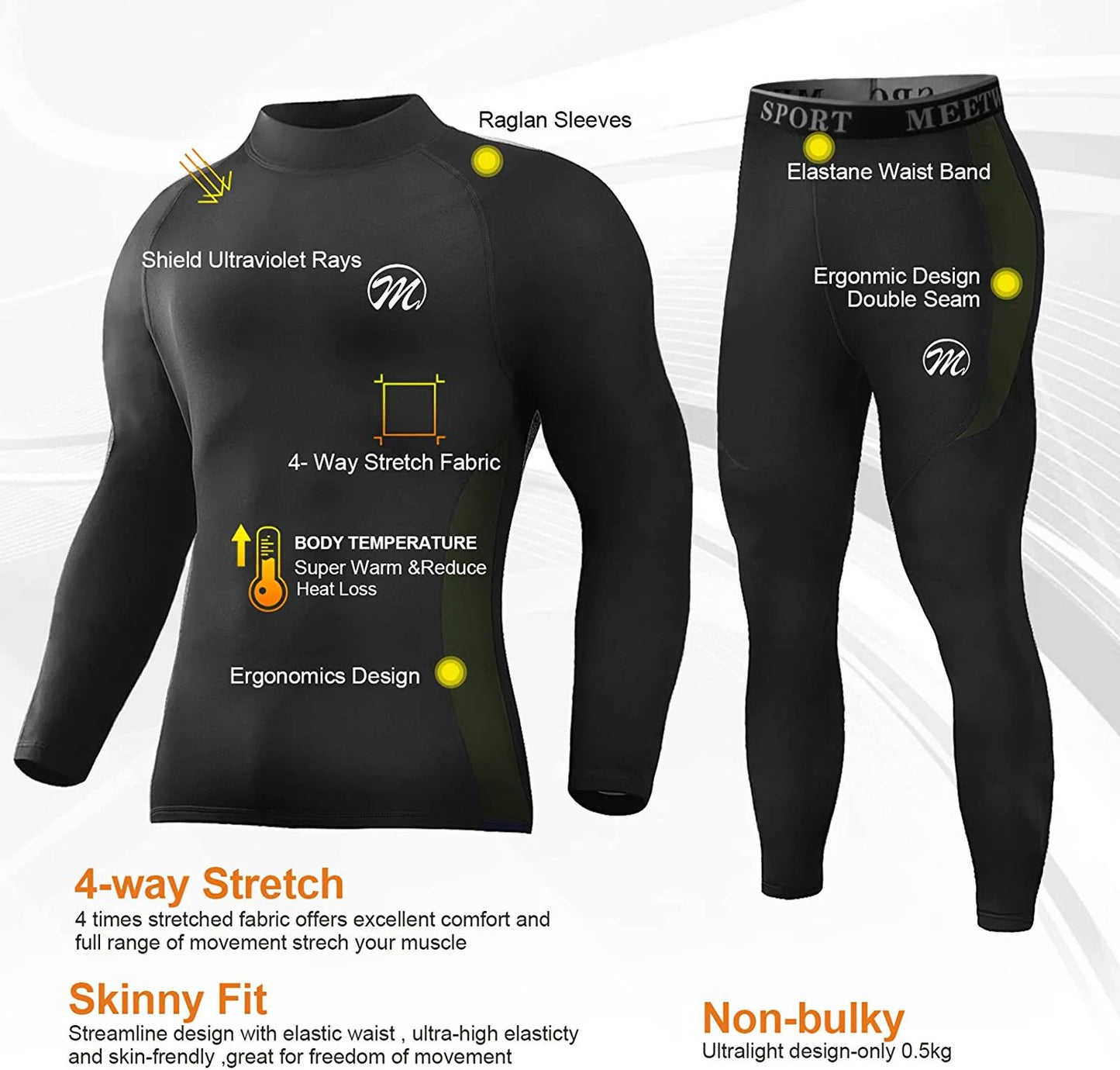 Men's Thermal Underwear Set Winter Ski Gear Fleece Lined Long Johns Base Layer Warm Top & Bottom for Skiing Running