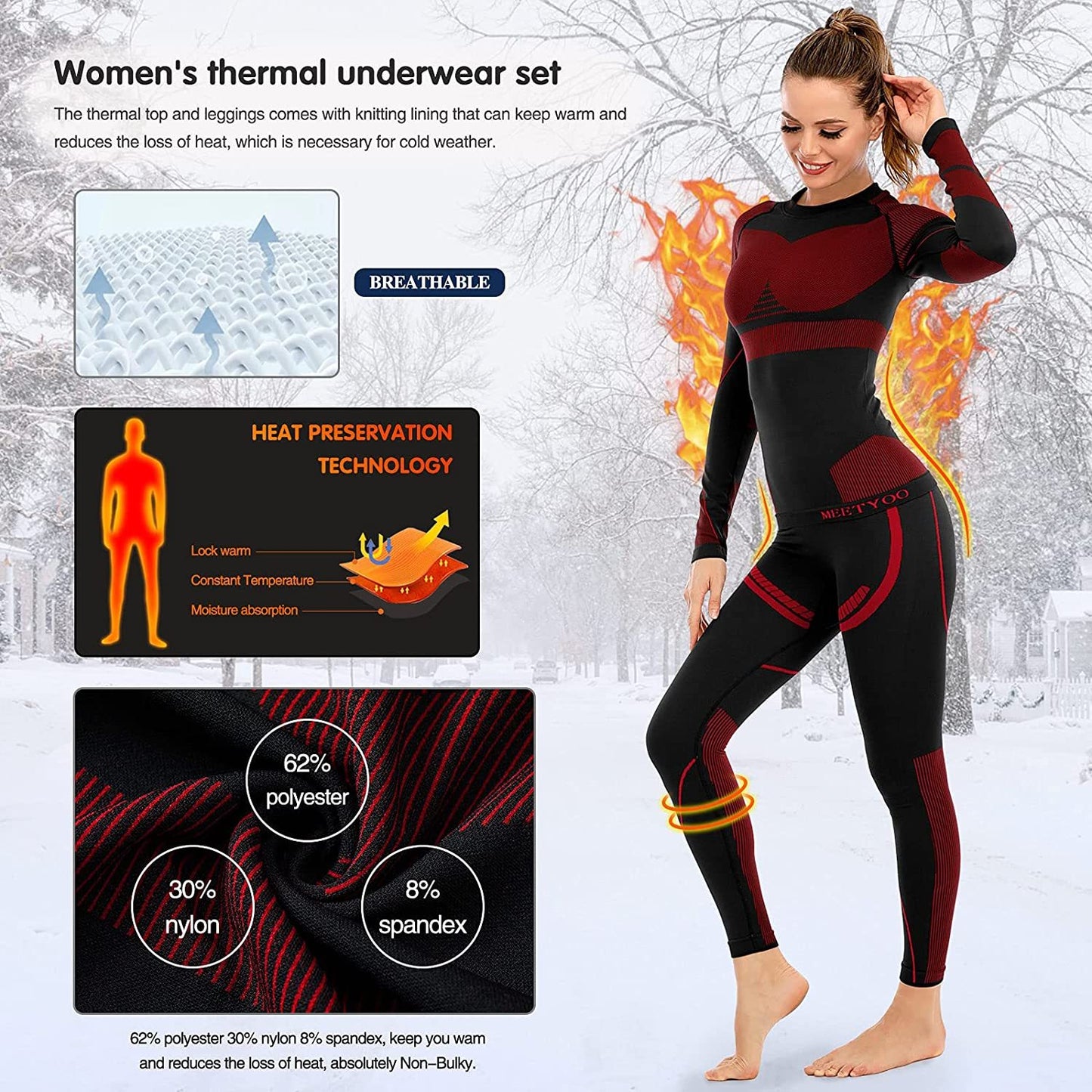 Thermal Underwear for Women, Winter Warm Long Johns Thermal Sets Cold Weather Gear Base Layer for Skiing Running