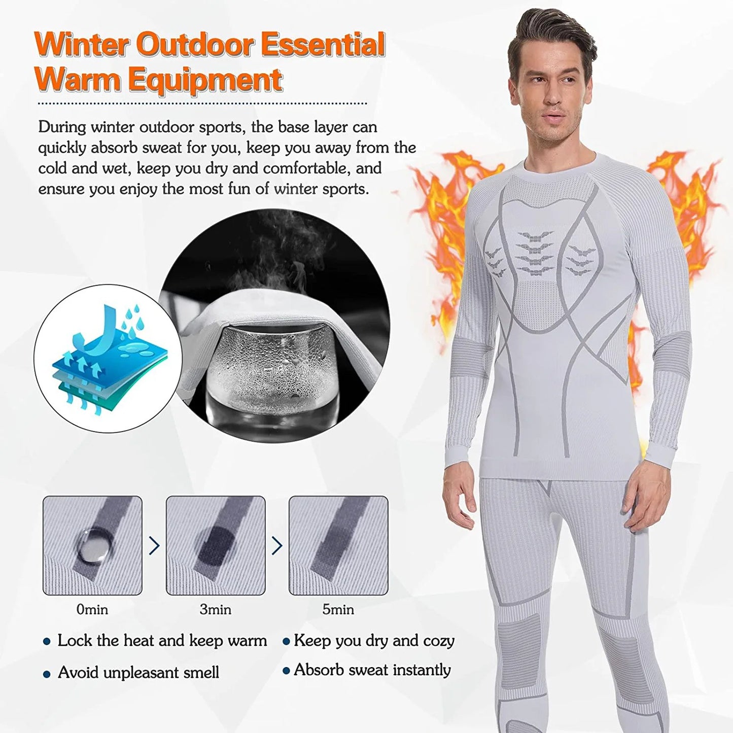 Men's Thermal Underwear Set, Winter Base Layer Sport Long Johns Top & Bottom Suit Compression Cold Weather Gear for Skiing