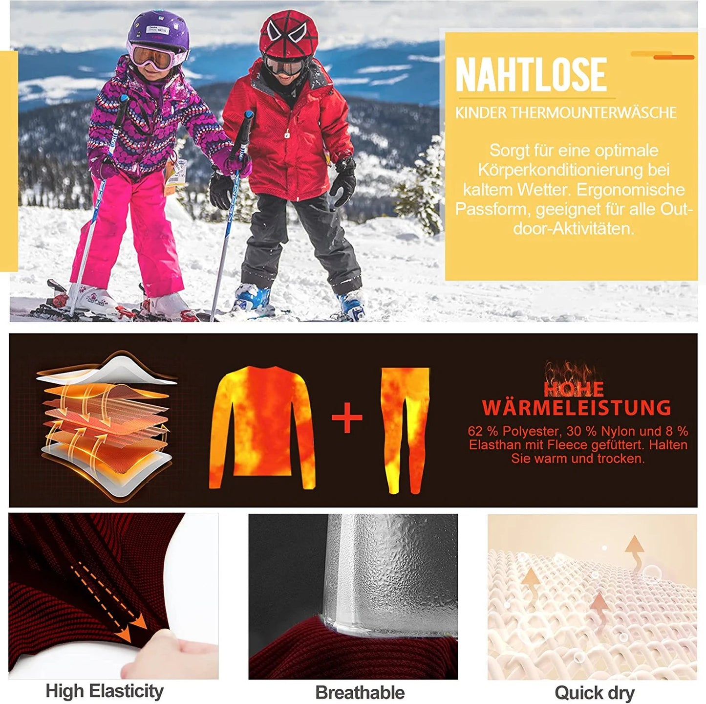Thermal Underwear Set for Kids, Seamless Long Johns for Boys, Ski Base Layer Leggings & Shirt for Child
