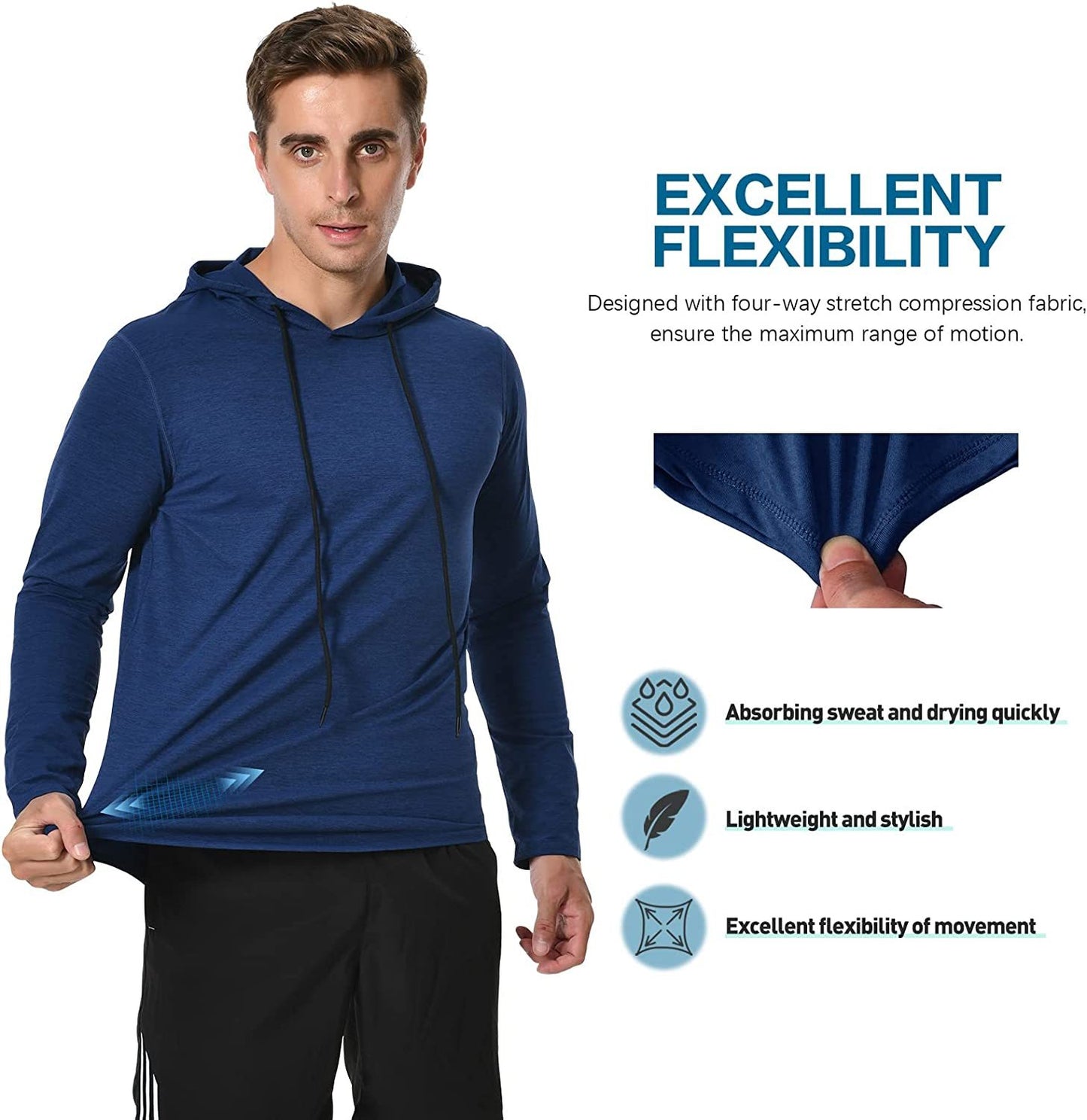 Long Sleeve Workout Hoodie Shirts for Men, Lightweight Athletic Running Hooded T-Shirt Gym Fishing Sweatshirts
