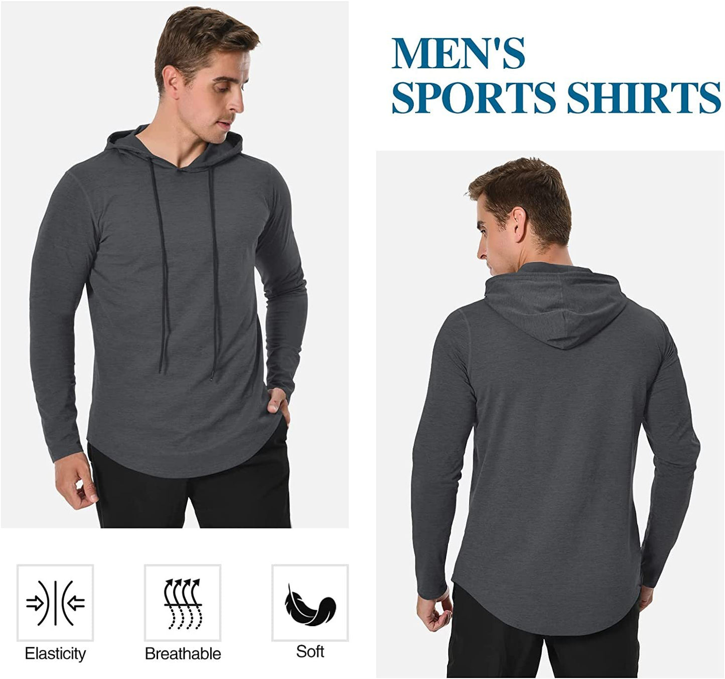 Long Sleeve Workout Hoodie Shirts for Men, Lightweight Athletic Running Hooded T-Shirt Gym Fishing Sweatshirts