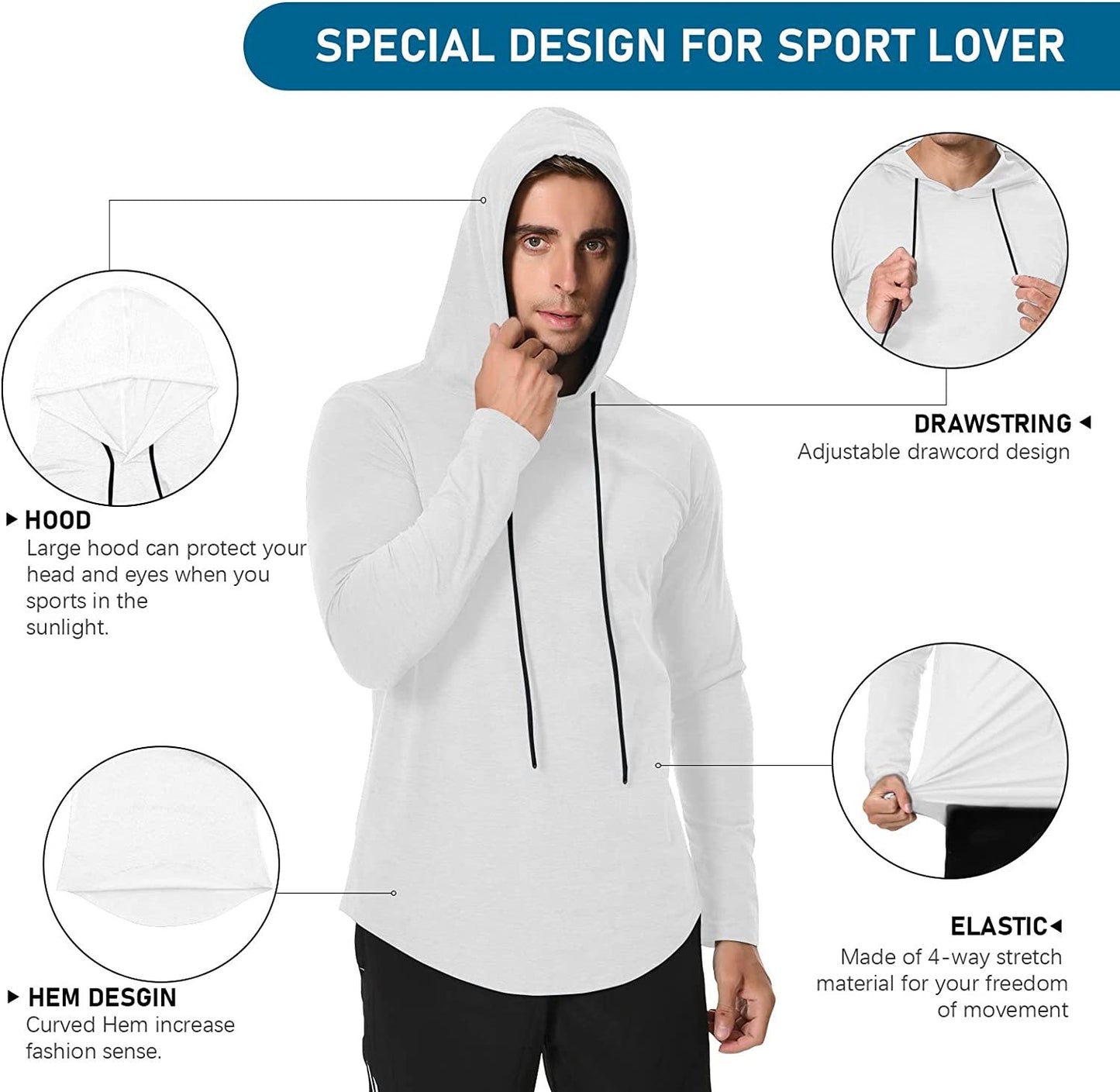 Long Sleeve Workout Hoodie Shirts for Men, Lightweight Athletic Running Hooded T-Shirt Gym Fishing Sweatshirts