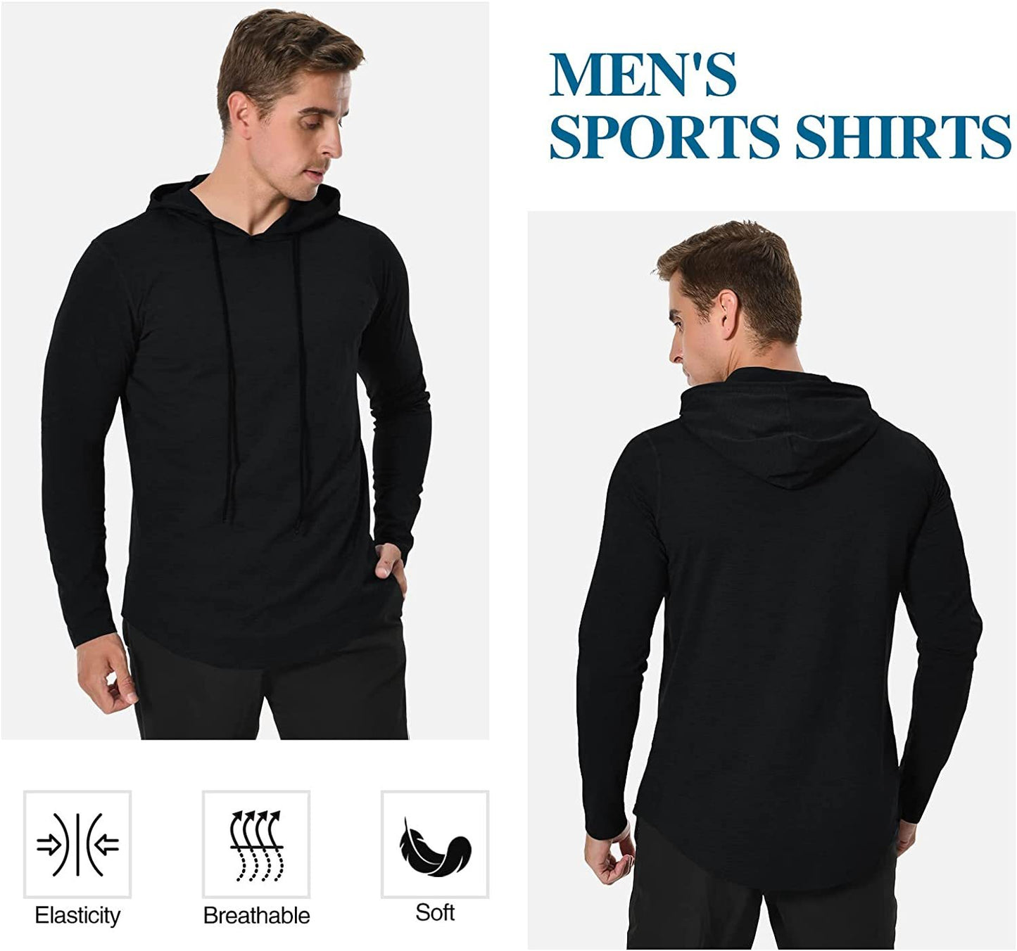 Long Sleeve Workout Hoodie Shirts for Men, Lightweight Athletic Running Hooded T-Shirt Gym Fishing Sweatshirts