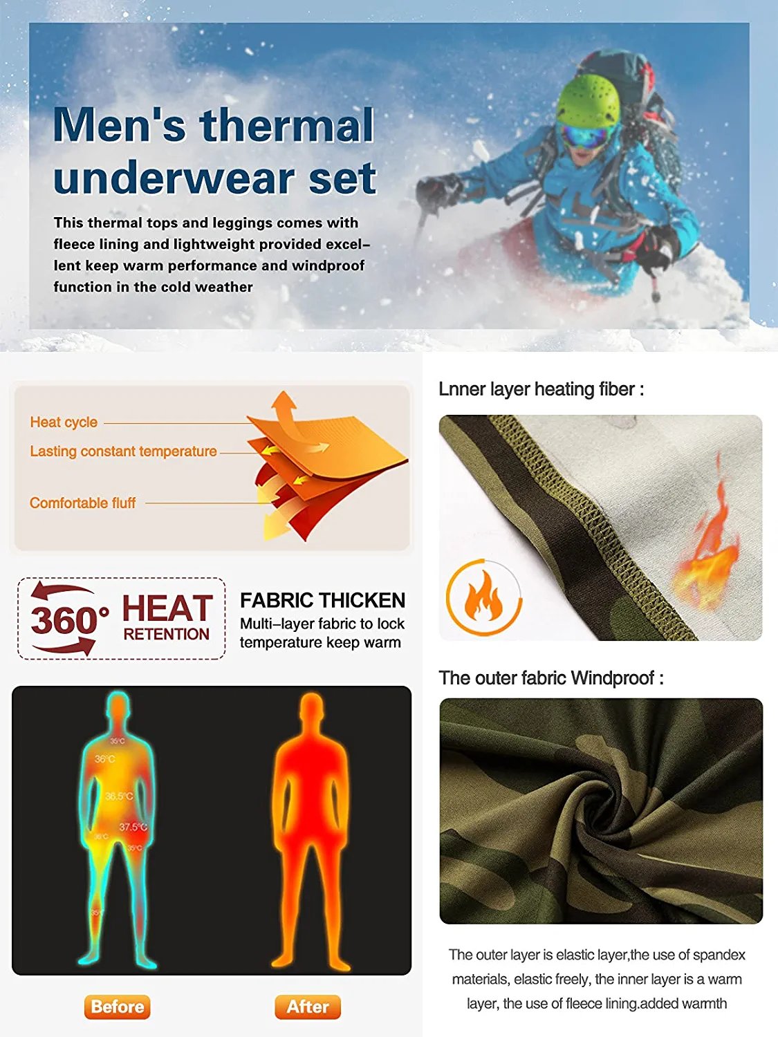 Men's Thermal Underwear Set Winter Ski Gear Fleece Lined Long Johns Base Layer Warm Top & Bottom for Skiing Running