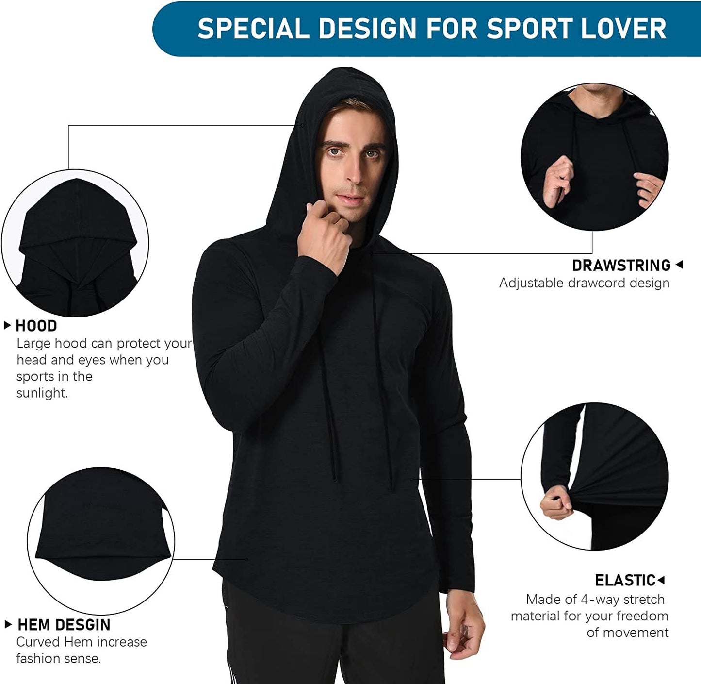 Long Sleeve Workout Hoodie Shirts for Men, Lightweight Athletic Running Hooded T-Shirt Gym Fishing Sweatshirts