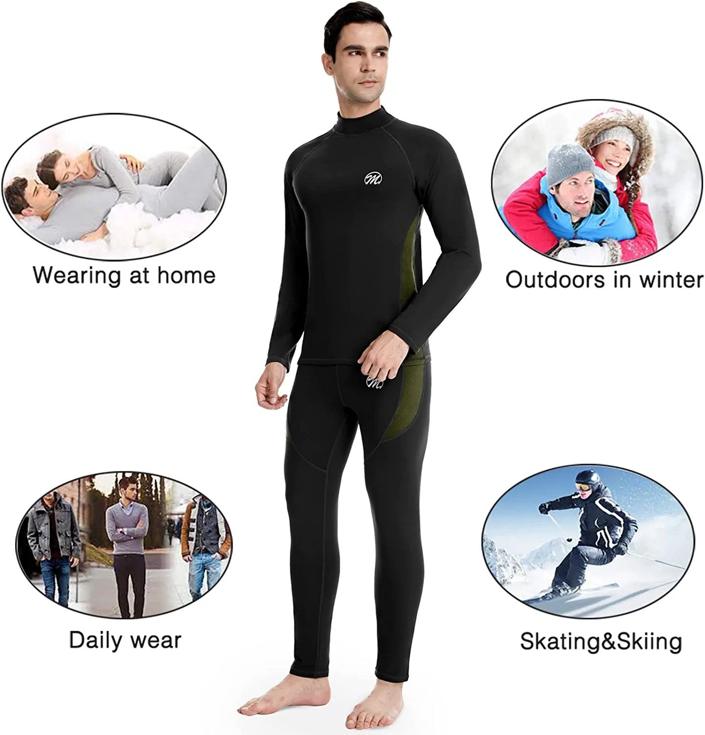 Men's Thermal Underwear Set Winter Ski Gear Fleece Lined Long Johns Base Layer Warm Top & Bottom for Skiing Running