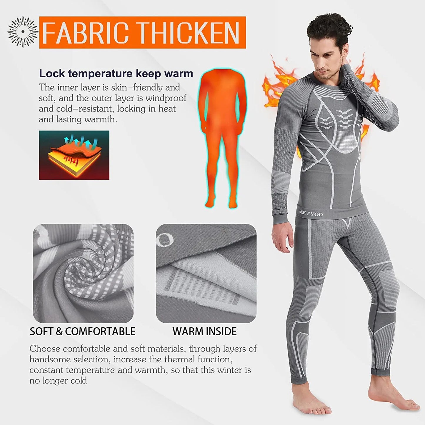 Men's Thermal Underwear Set, Winter Base Layer Sport Long Johns Top & Bottom Suit Compression Cold Weather Gear for Skiing