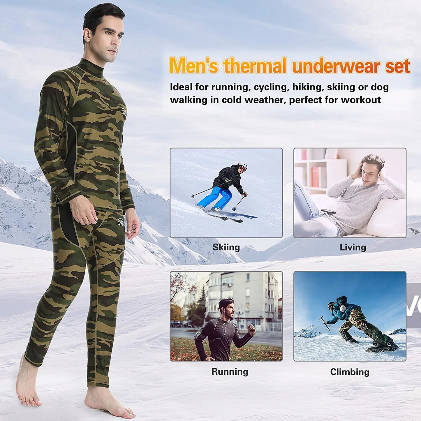 Men's Thermal Underwear Set Winter Ski Gear Fleece Lined Long Johns Base Layer Warm Top & Bottom for Skiing Running