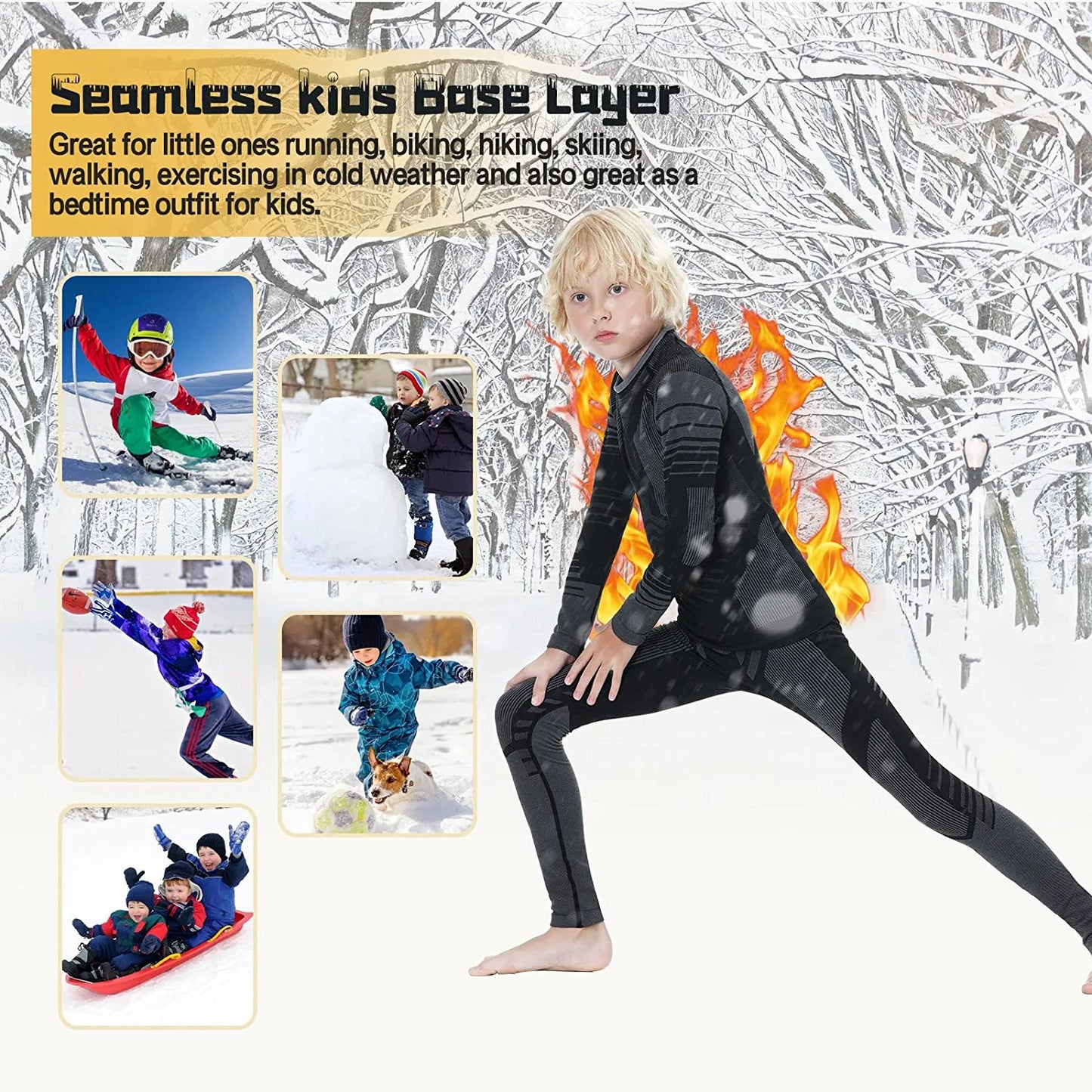 Thermal Underwear Set for Kids, Seamless Long Johns for Boys, Ski Base Layer Leggings & Shirt for Child